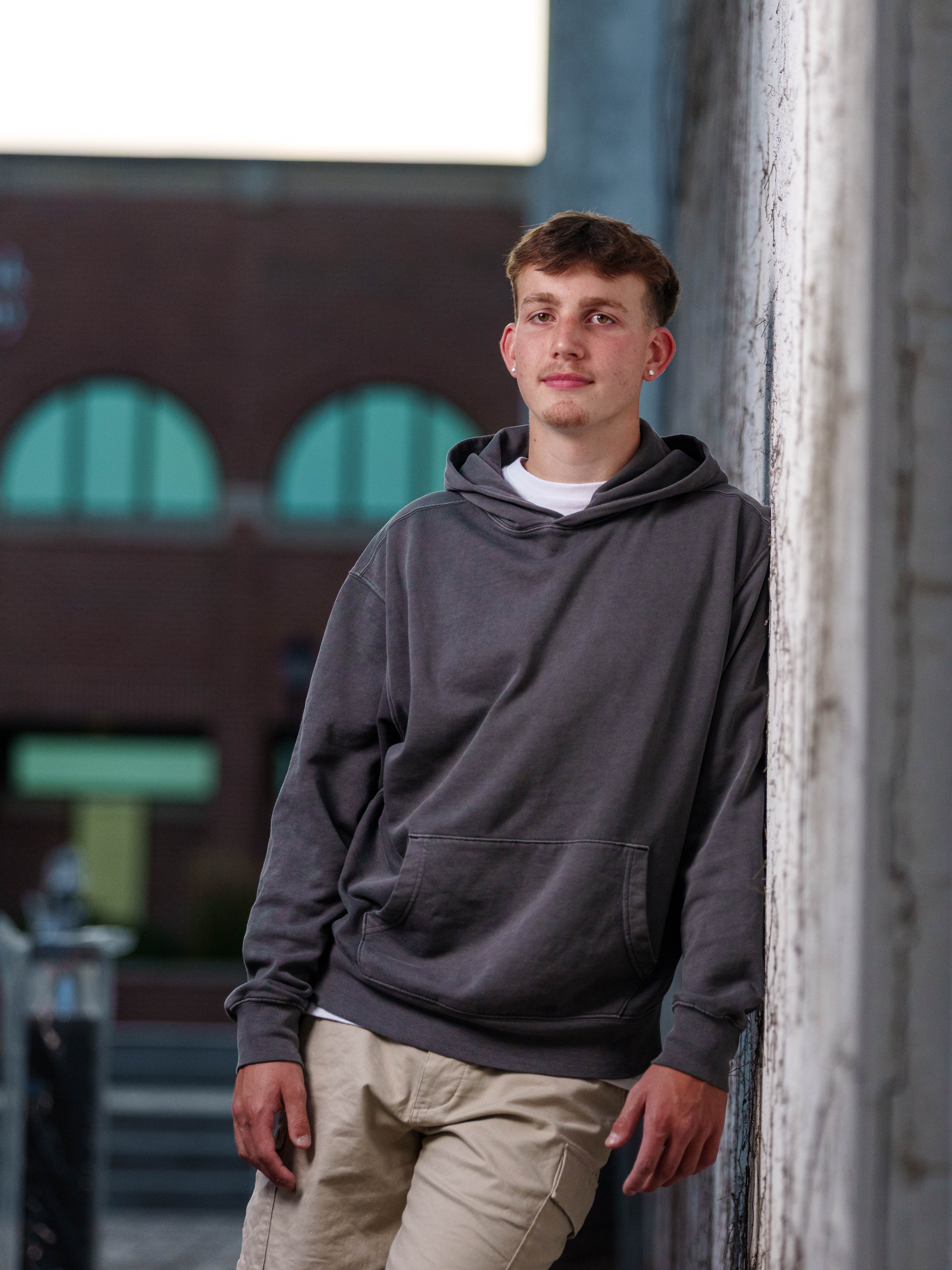 Click to View Larger Logan Taylor poses for senior photos in Monroe, Wisconsin on September 8th, 2025. Taylor will graduate in 2026. Photography by Ross Harried for Second Crop Creative.