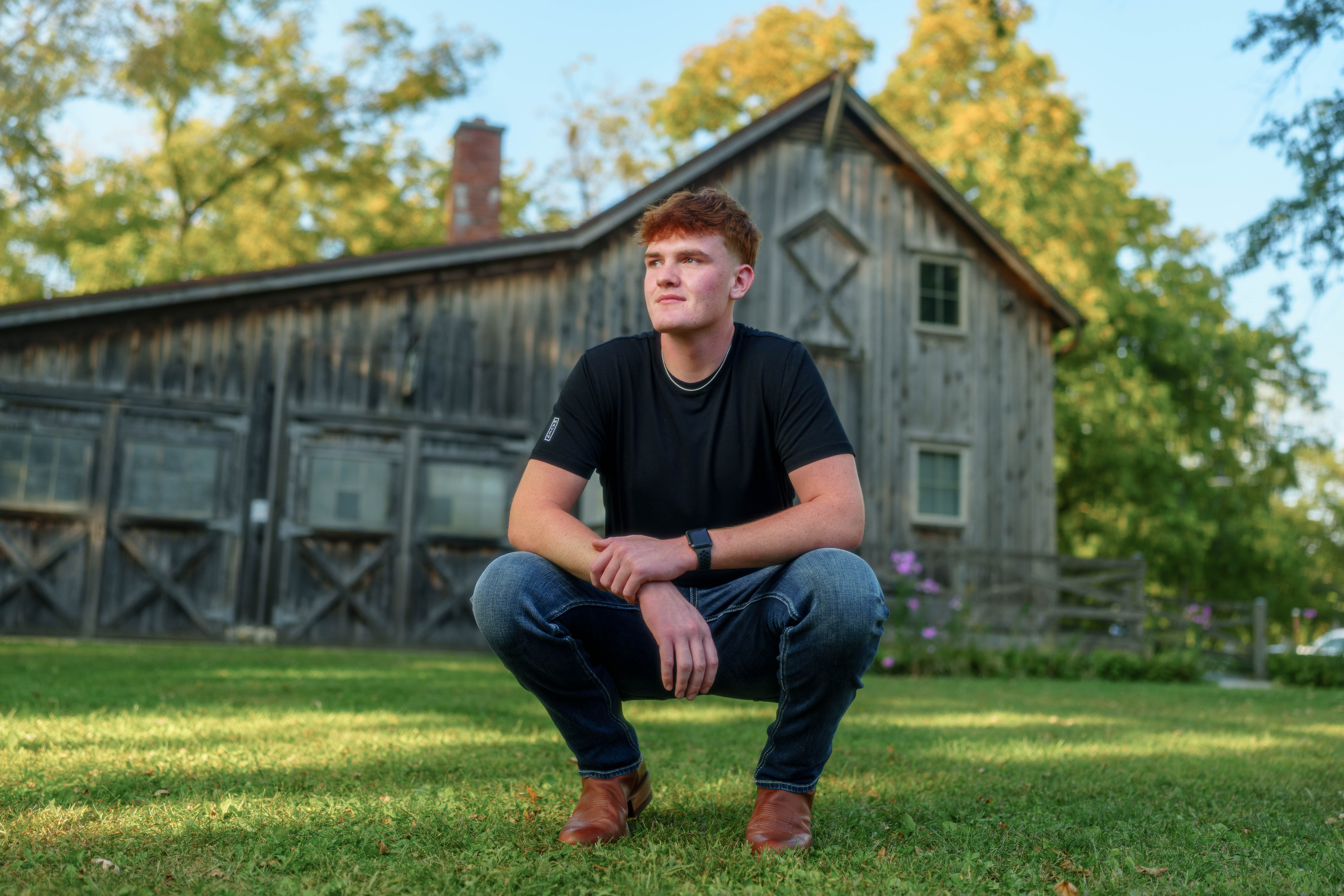 Lucas Keating poses for senior photos at Beckman Mill in Beloit, Wisconsin on September 14th, 2025. Keating will graduate from Brodhead in 2026. Photography by Ross Harried for Second Crop Creative.