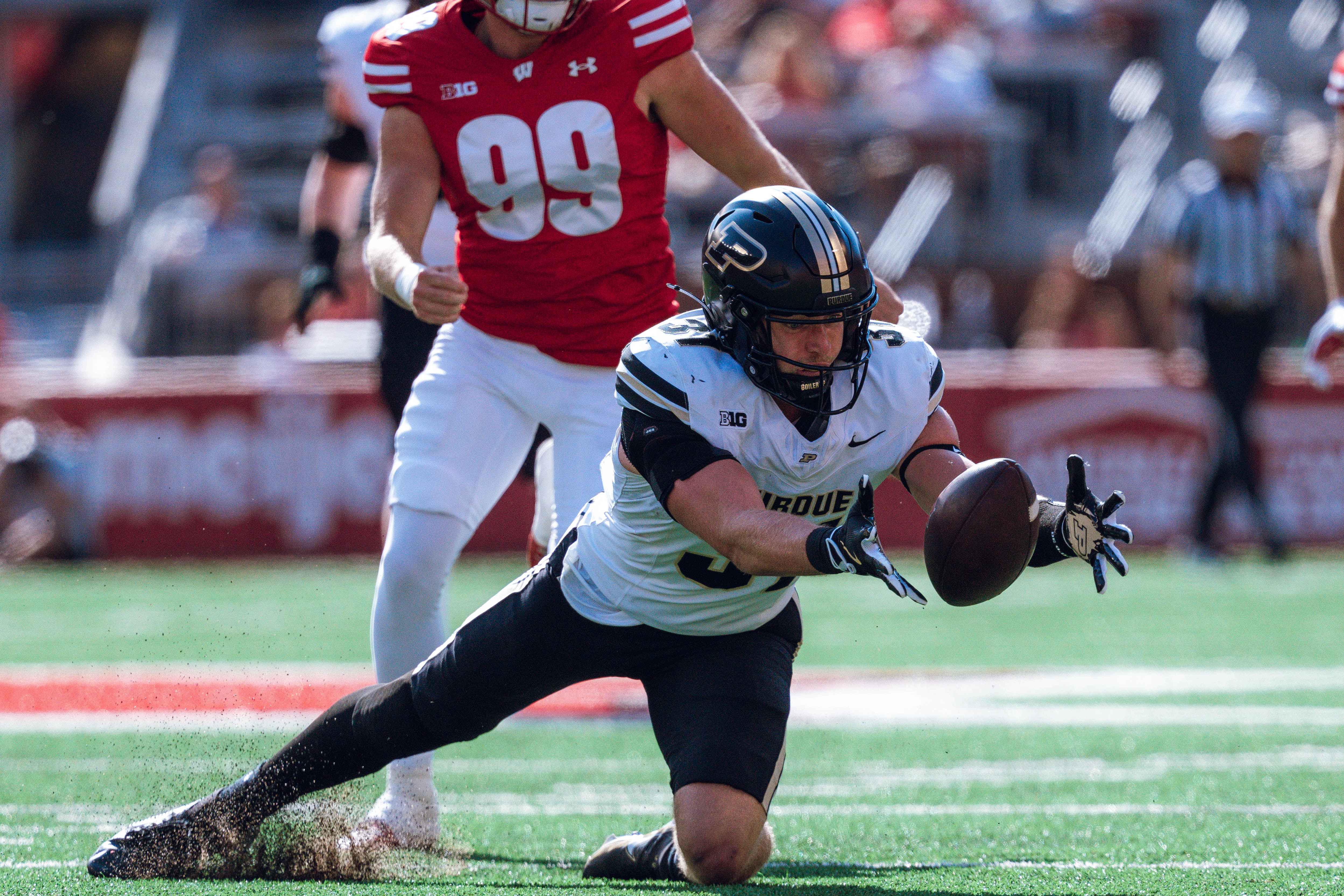 Purdue defensive back Dillon Thieneman #31 fumbles a punt against the Wisconsin Badgers at Camp Randall Stadium on October 5, 2024 in Madison, Wisconsin. Photography by Ross Harried for Second Crop Sports.