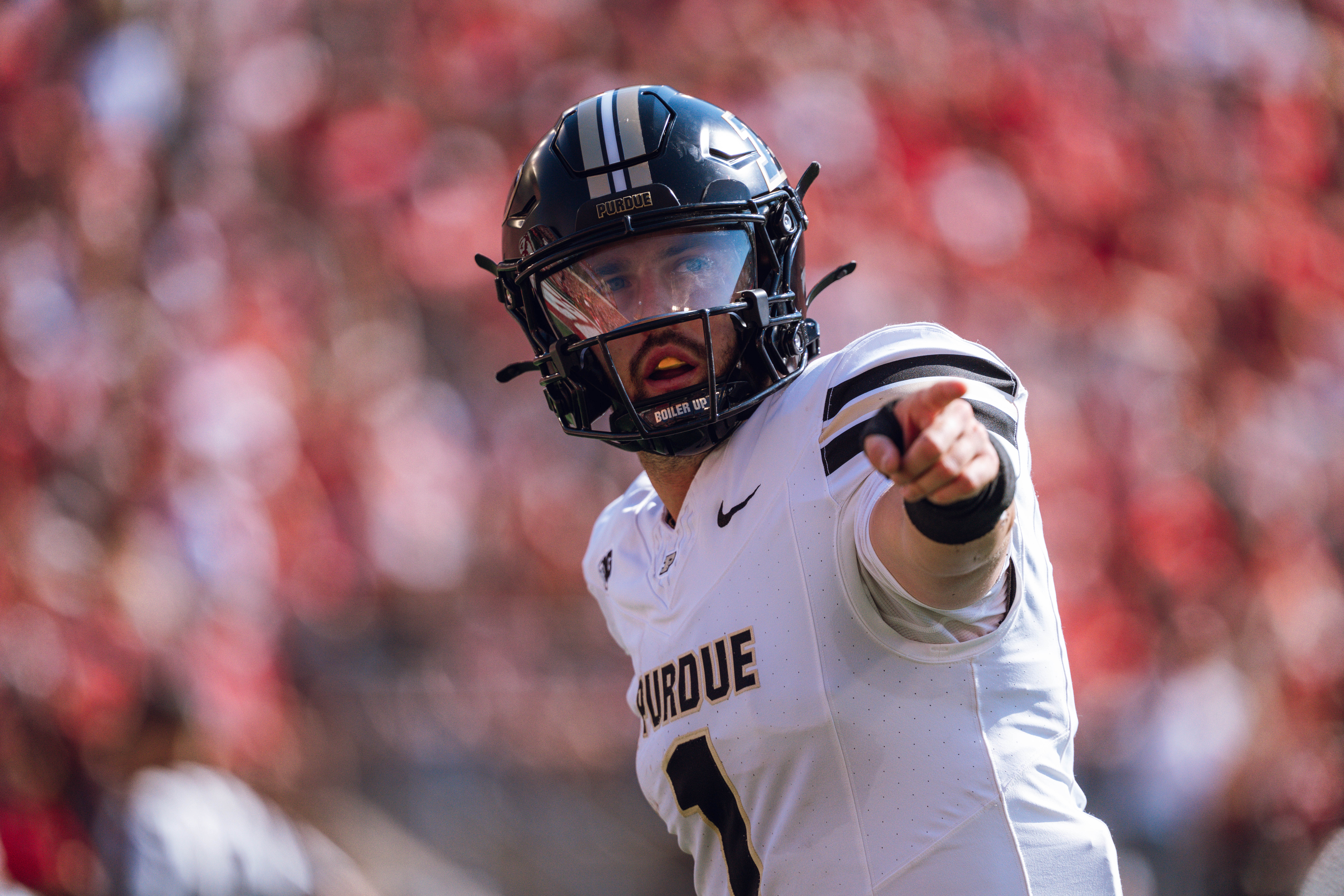 Purdue Boilermakers quarterback Hudson Card #1 lines up as a wide out against the Wisconsin Badgers at Camp Randall Stadium on October 5, 2024 in Madison, Wisconsin. Photography by Ross Harried for Second Crop Sports.