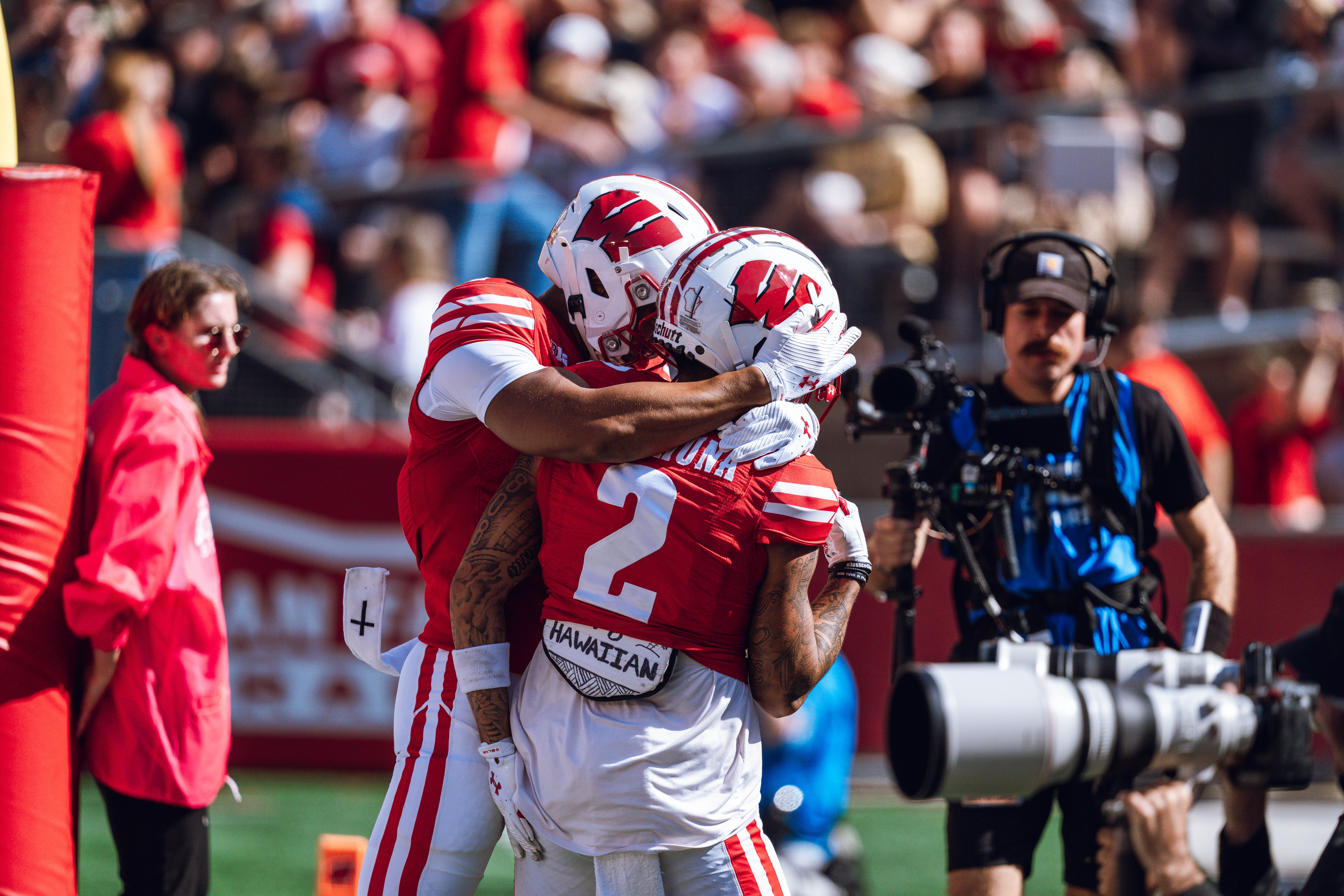 Wisconsin Badgers wide receiver Trech Kekahuna #2 outruns the Purdue Boilermakers defense for a touchdown at Camp Randall Stadium on October 5, 2024 in Madison, Wisconsin. Photography by Ross Harried for Second Crop Sports.