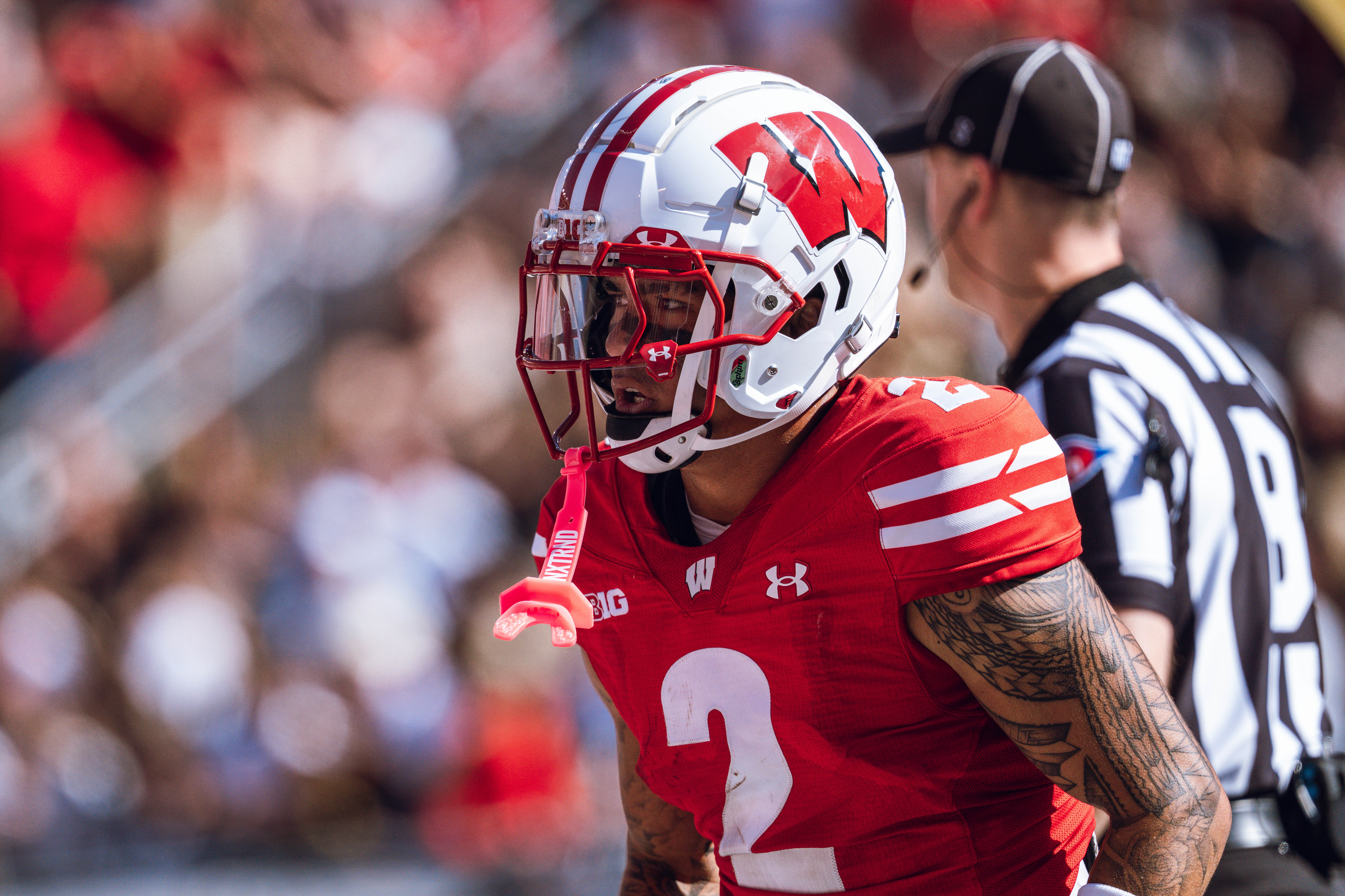 Wisconsin Badgers wide receiver Trech Kekahuna #2 outruns the Purdue Boilermakers defense for a touchdown at Camp Randall Stadium on October 5, 2024 in Madison, Wisconsin. Photography by Ross Harried for Second Crop Sports.