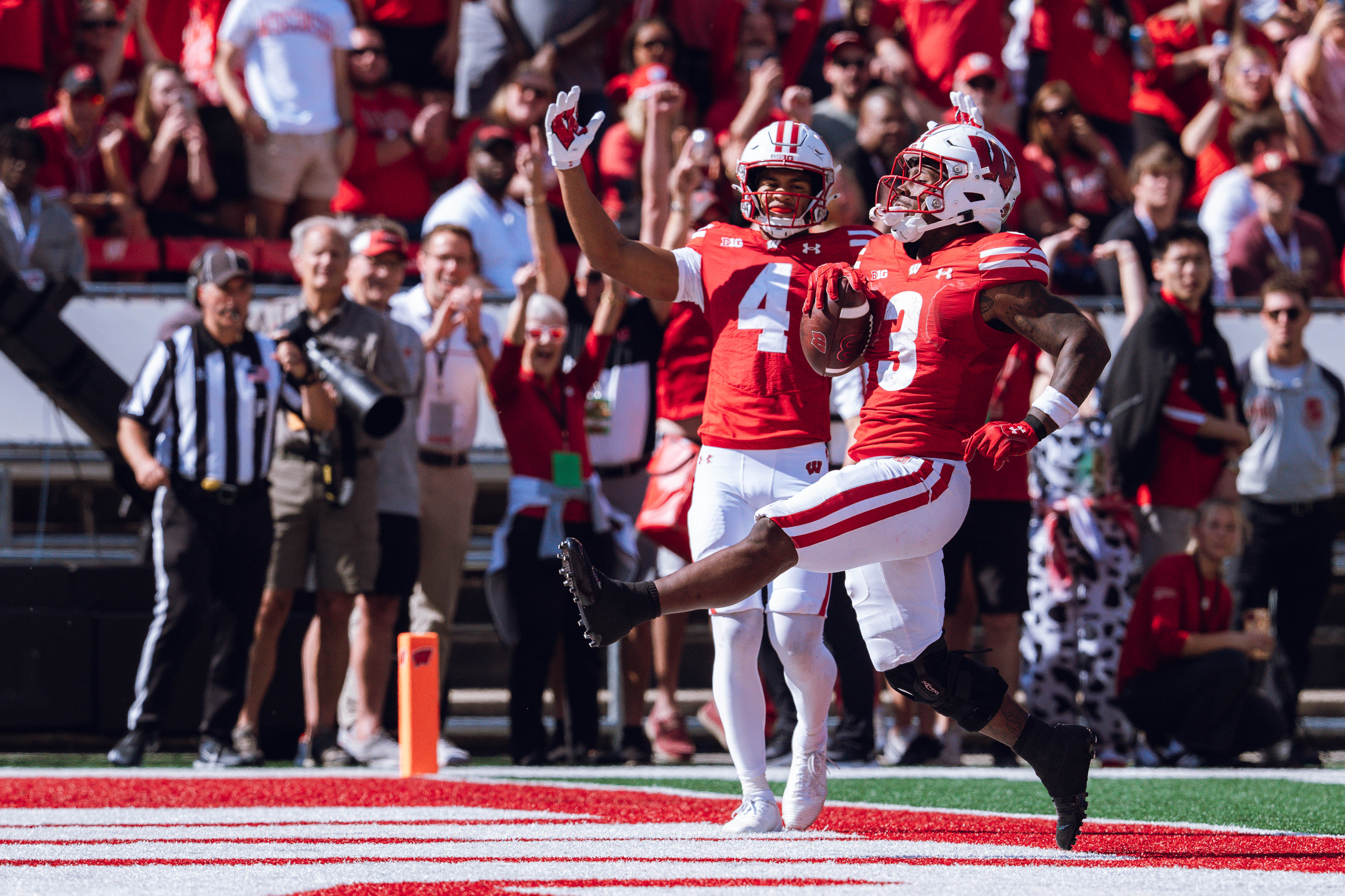 Wisconsin Badgers running back Tawee Walker #3 escapes the Purdue Boilermakers defense for a touchdown at Camp Randall Stadium on October 5, 2024 in Madison, Wisconsin. Photography by Ross Harried for Second Crop Sports.