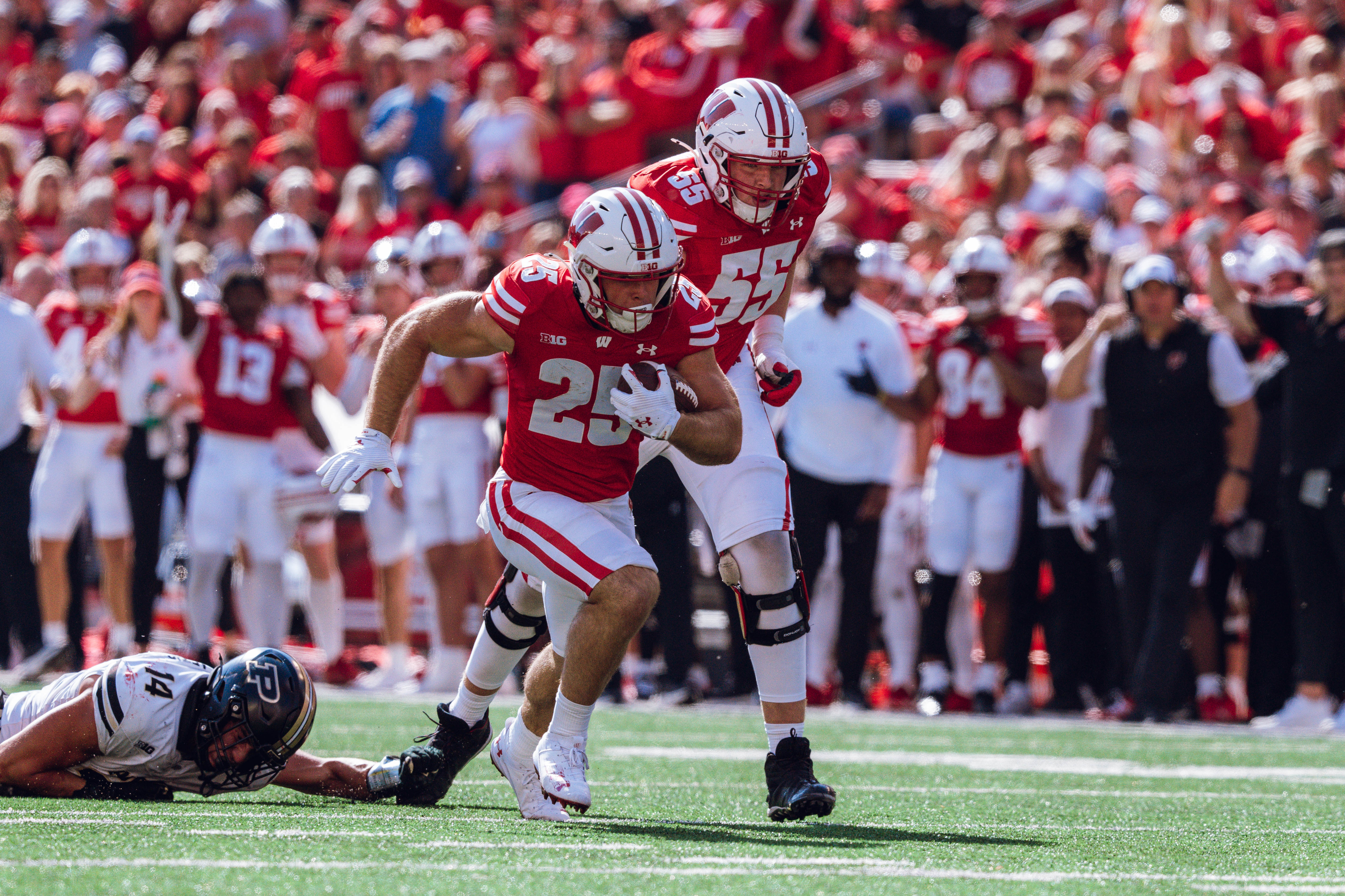 Wisconsin Badgers running back Cade Yacamelli #25 runs in a touchdown against the Purdue Boilermakers at Camp Randall Stadium on October 5, 2024 in Madison, Wisconsin. Photography by Ross Harried for Second Crop Sports.