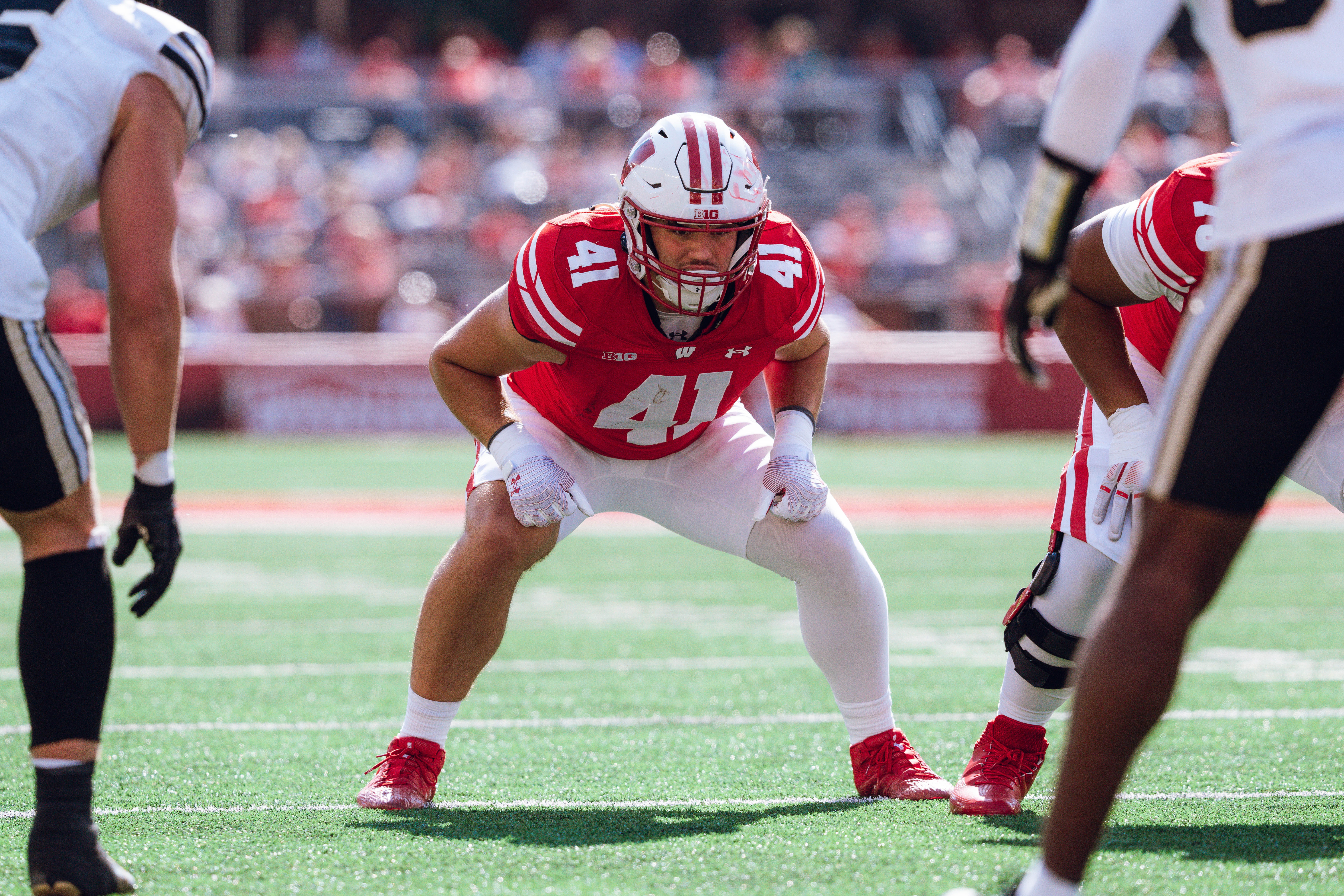 Wisconsin Badgers tight end JT Seagreaves #41 lines up against the Purdue Boilermakers at Camp Randall Stadium on October 5, 2024 in Madison, Wisconsin. Photography by Ross Harried for Second Crop Sports.