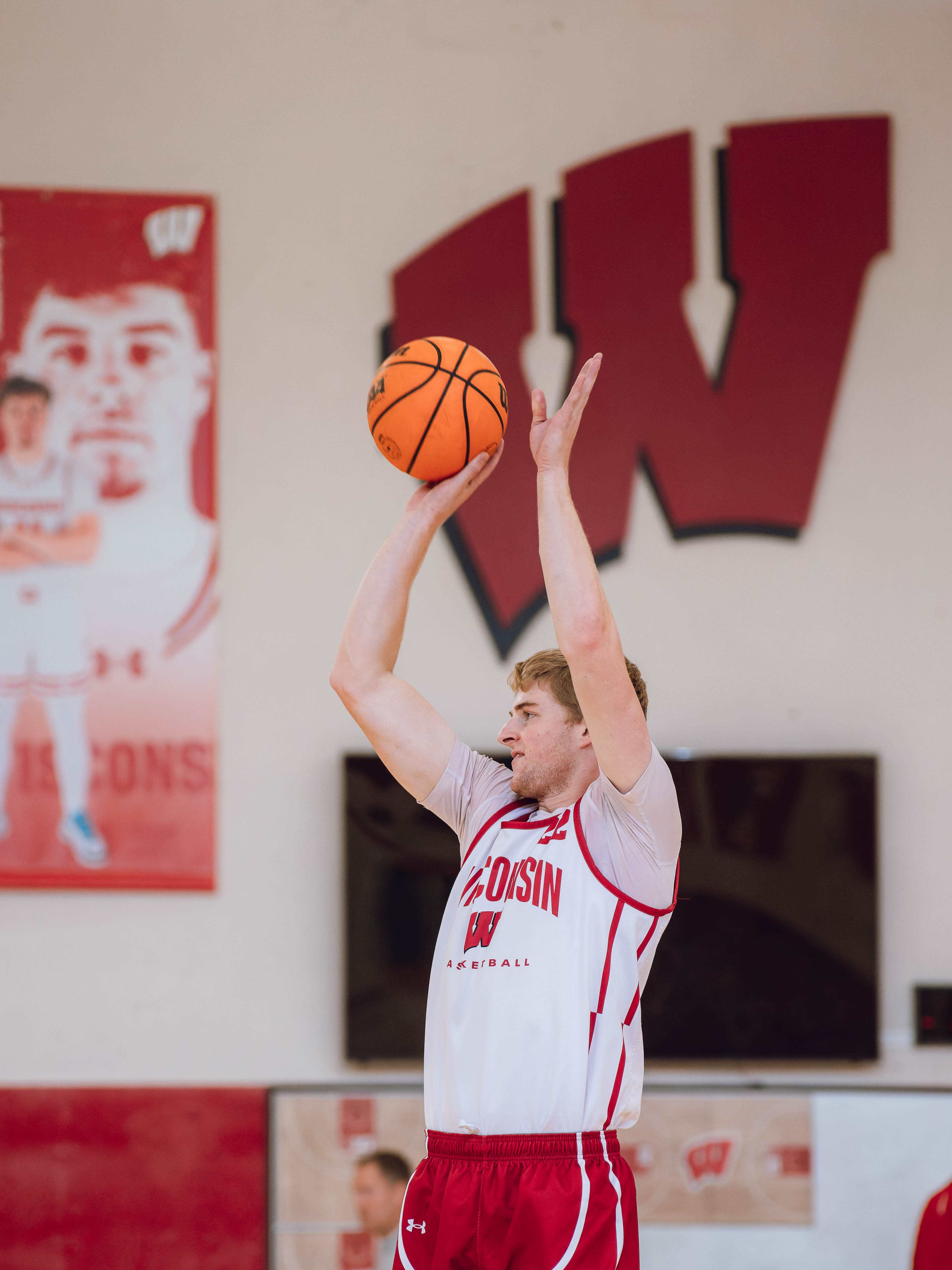 Wisconsin Badgers forward Steven Crowl #22 shoots a jumper during local media day at the Nicholas Johnson Pavilion on October 7, 2024 in Madison, WI. Photography by Ross Harried for Second Crop Sports.