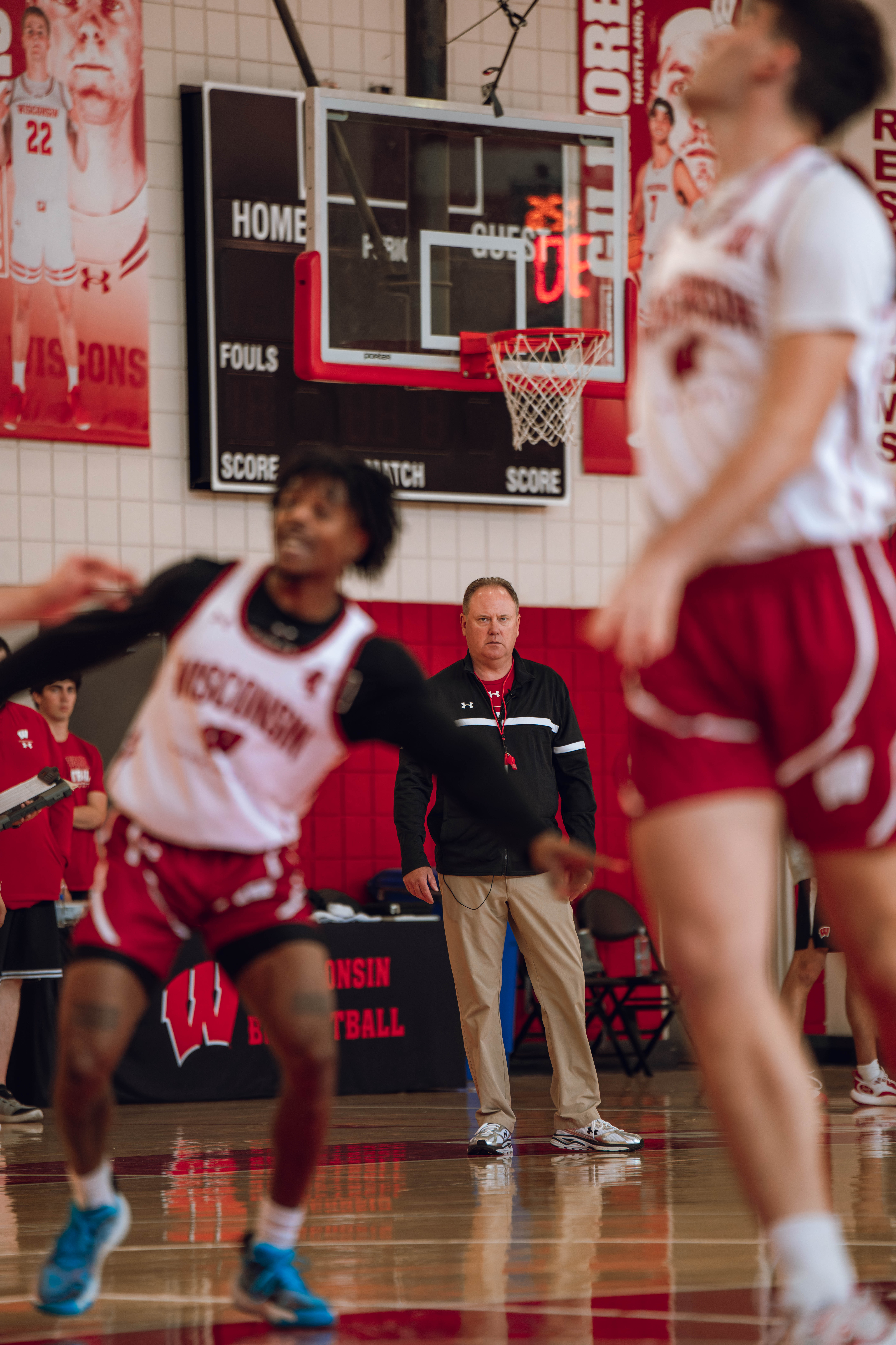 Wisconsin Badgers Head Coach Greg Gard looks on during a practice at the Nicholas Johnson Pavilion on October 7, 2024 in Madison, WI. Photography by Ross Harried for Second Crop Sports.