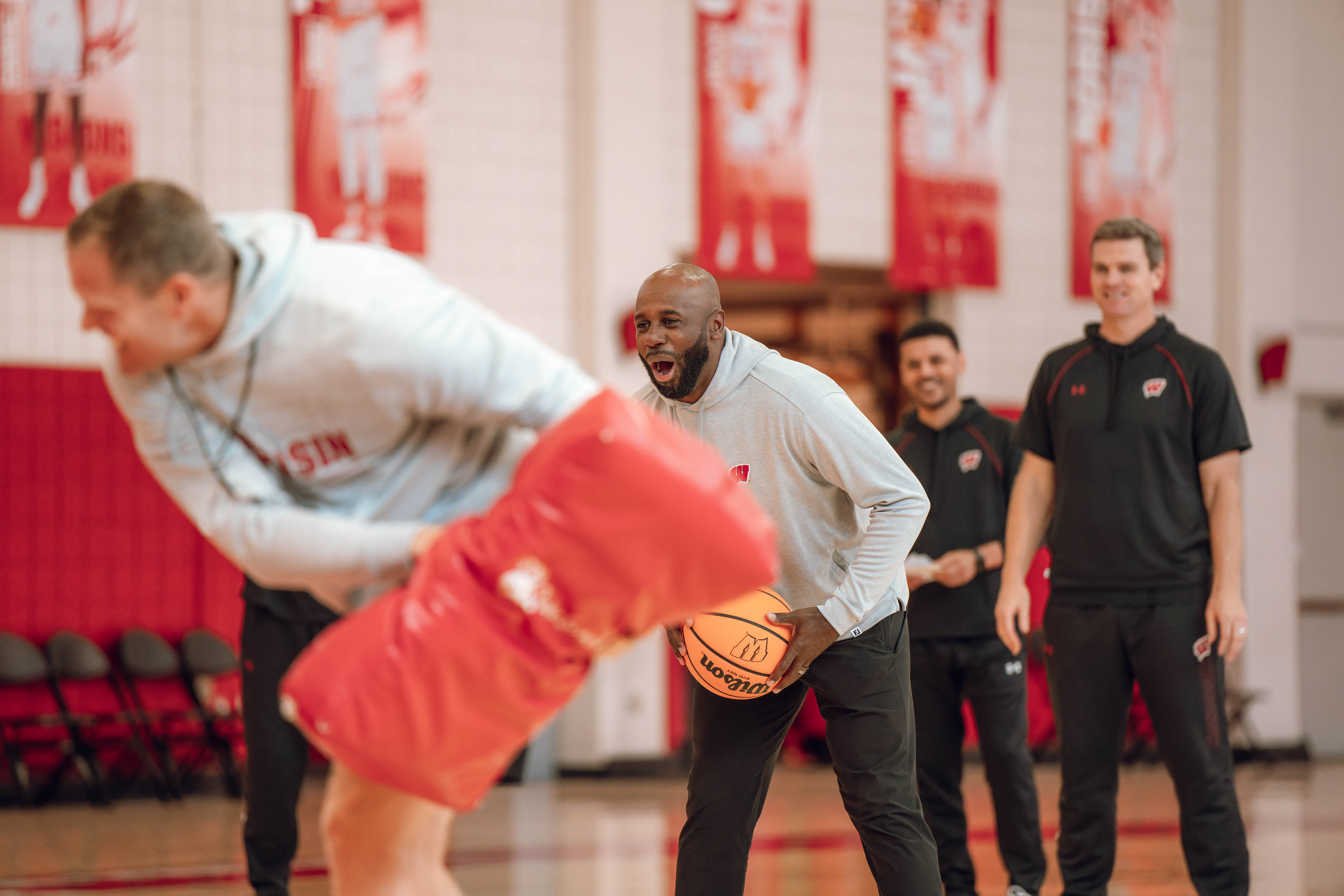 Wisconsin Badgers Assistant Coach Sharif Chambliss during practice at the Nicholas Johnson Pavilion on October 7, 2024 in Madison, WI. Photography by Ross Harried for Second Crop Sports.