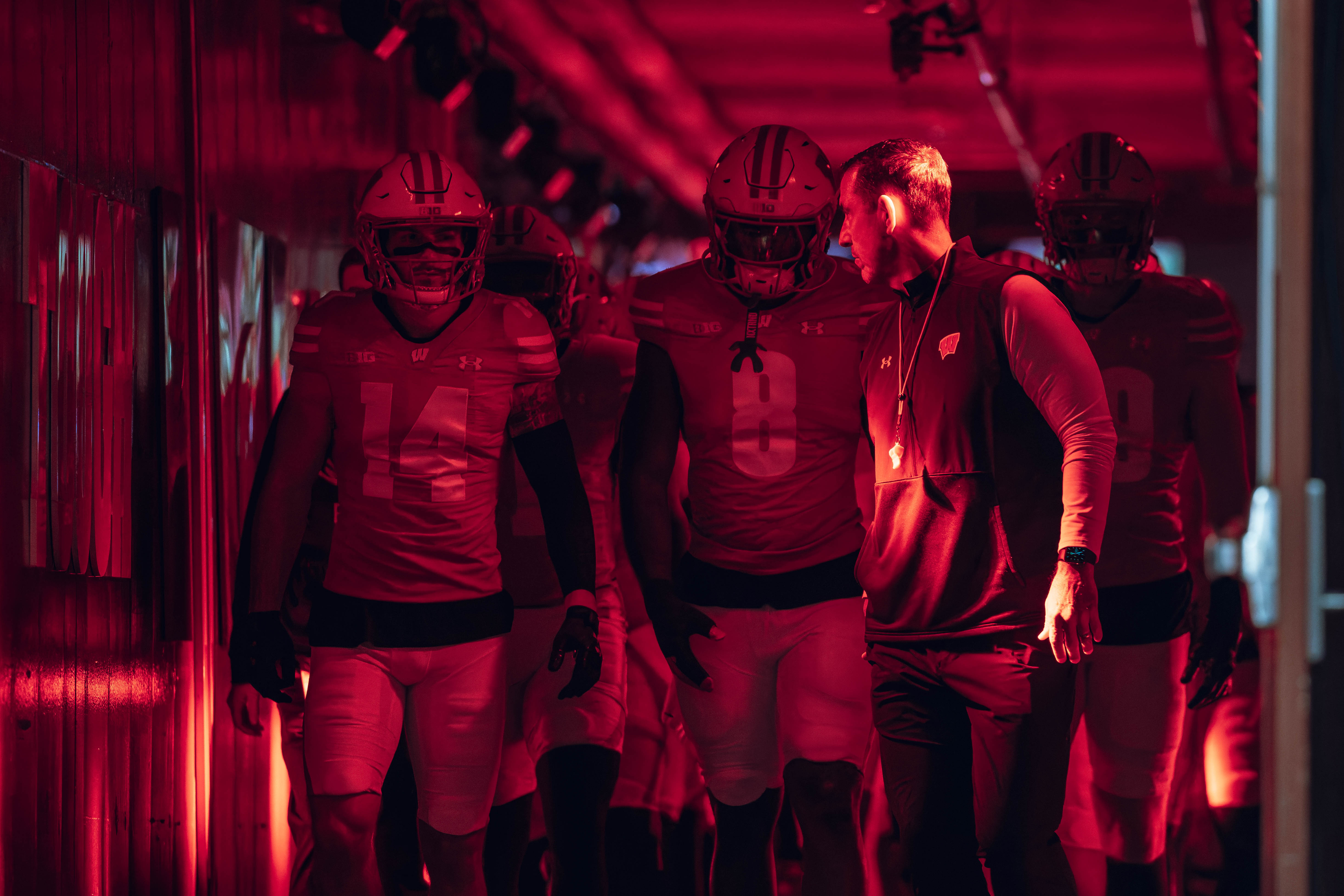 Wisconsin Badgers Head Coach Luke Fickell leads Wisconsin out of the tunnel at Camp Randall Stadium as they take on the Oregon Ducks on November 16, 2024 in Madison, Wisconsin. Photography by Ross Harried for Second Crop Sports.