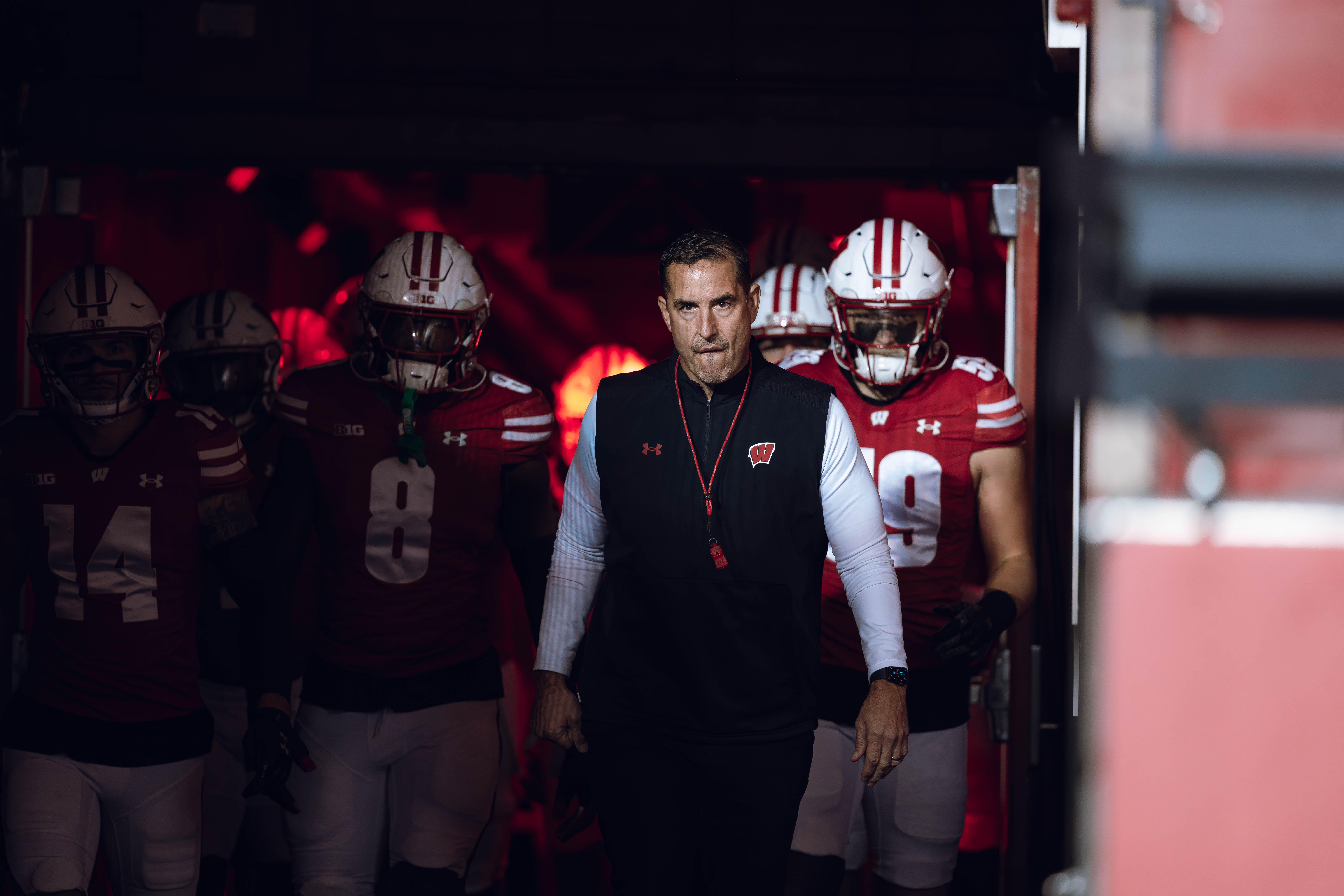 Wisconsin Badgers Head Coach Luke Fickell leads Wisconsin out of the tunnel at Camp Randall Stadium as they take on the Oregon Ducks on November 16, 2024 in Madison, Wisconsin. Photography by Ross Harried for Second Crop Sports.