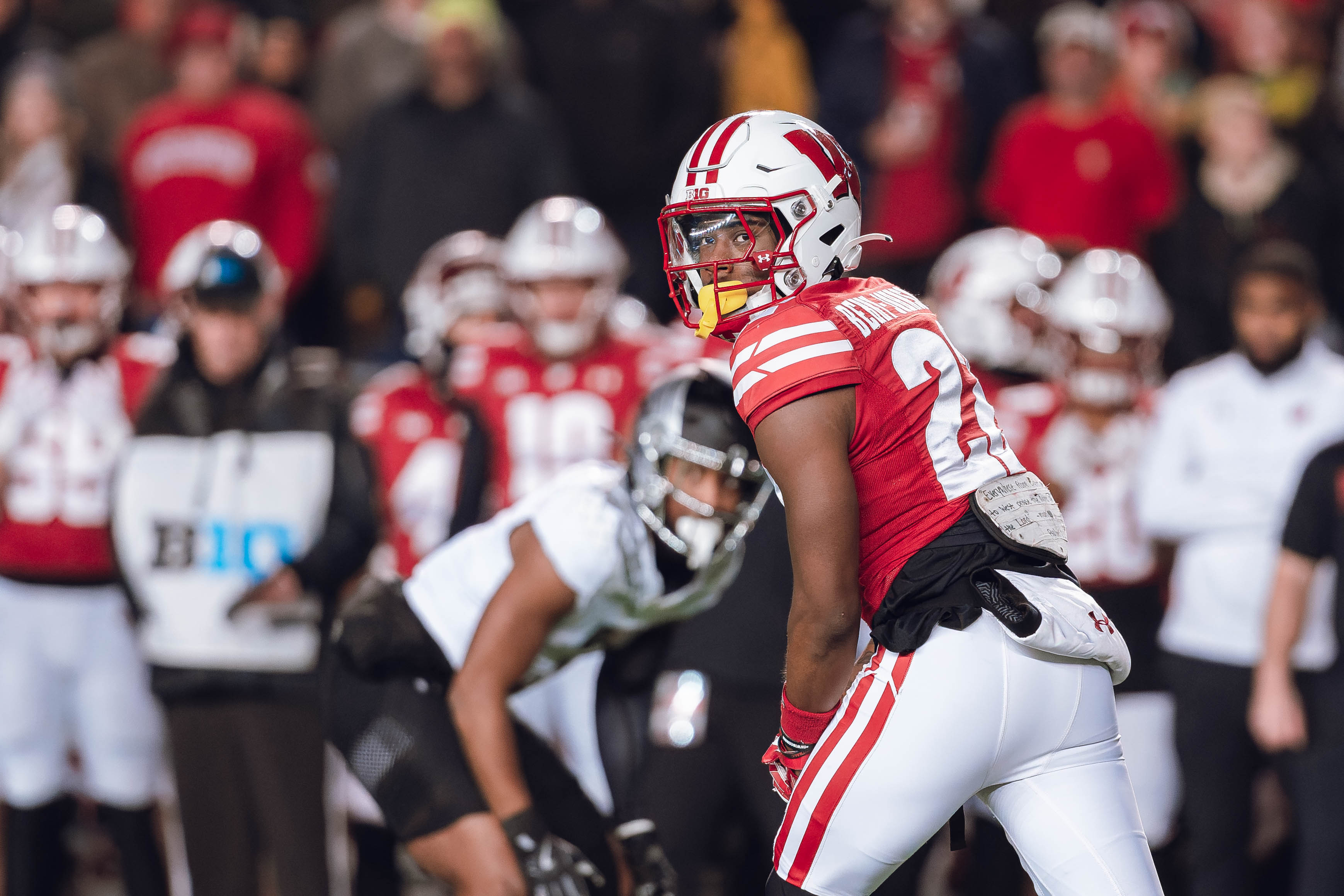 Wisconsin Badgers wide receiver Kyan Berry-Johnson #22 looks back to the line of scrimmage against the Oregon Ducks at Camp Randall Stadium on November 16, 2024 in Madison, Wisconsin. Photography by Ross Harried for Second Crop Sports.