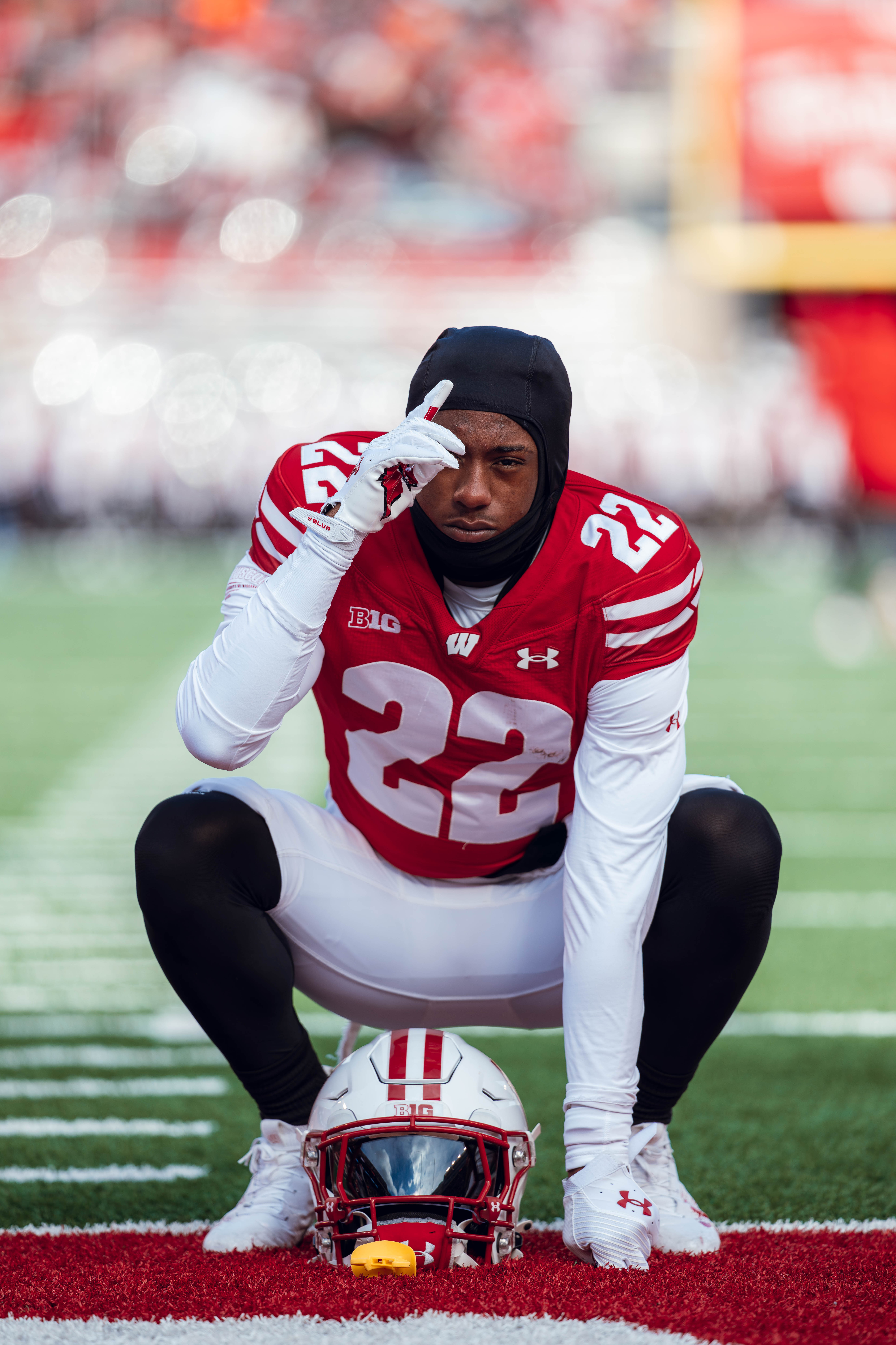 Wisconsin Badgers wide receiver Kyan Berry-Johnson #22 gets ready before the Wisconsin Badgers take on the Minnesota Golden Gophers at Camp Randall Stadium on November 29, 2024 in Madison, Wisconsin. Photography by Ross Harried for Second Crop Sports.