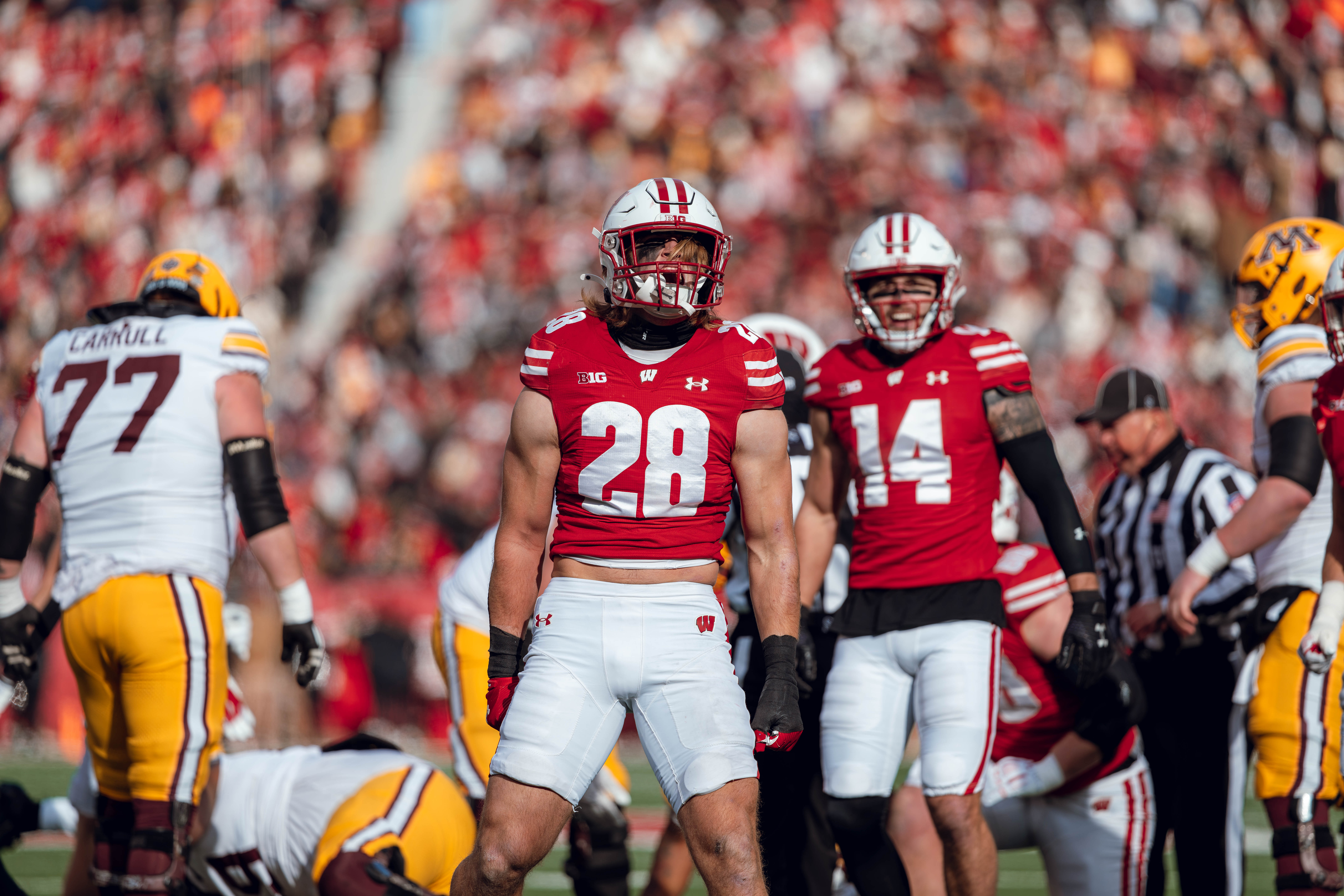 Wisconsin Badgers linebacker Christian Alliegro #28 celebrates a defensive stop against the Minnesota Golden Gophers at Camp Randall Stadium on November 29, 2024 in Madison, Wisconsin. Photography by Ross Harried for Second Crop Sports.