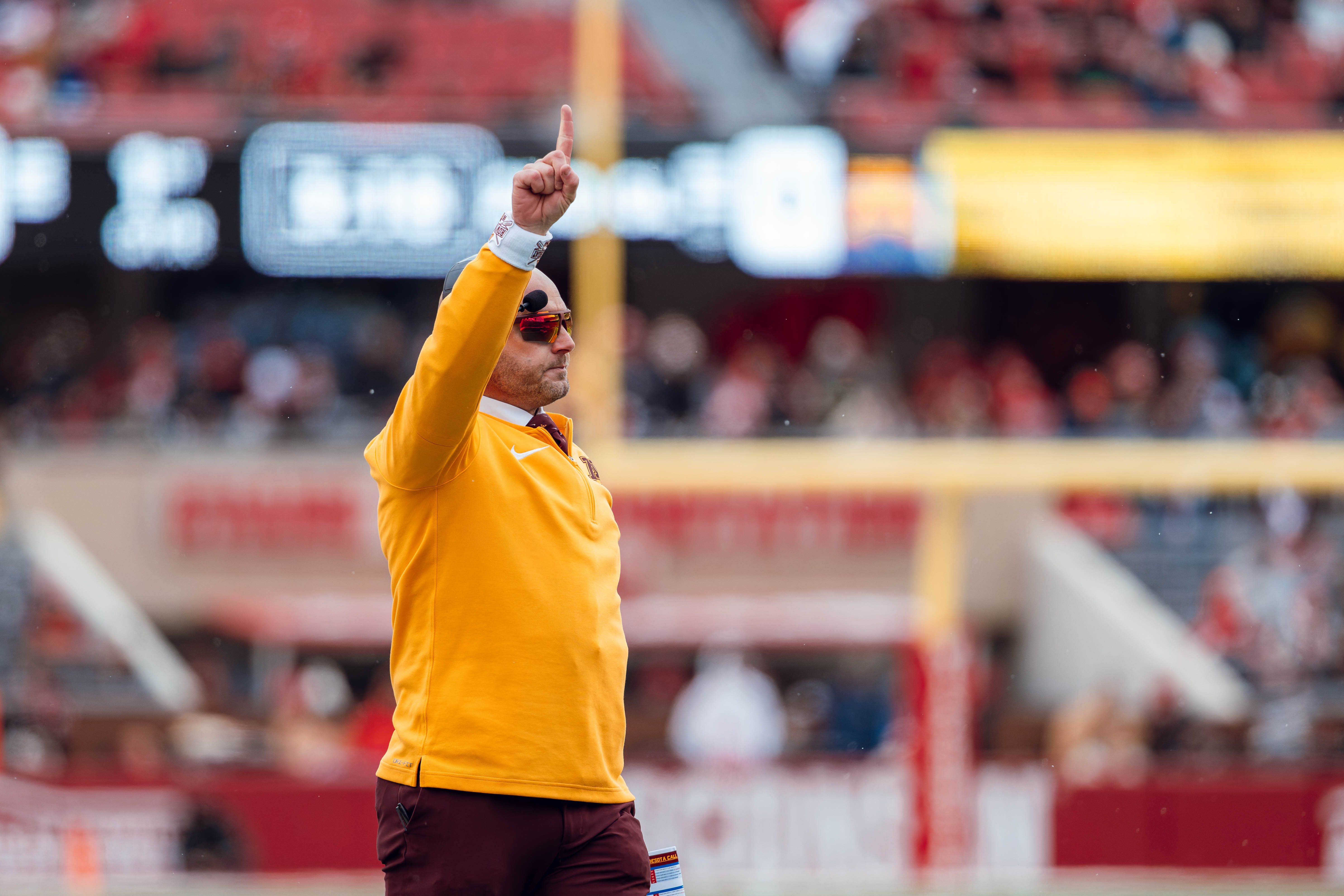 Minnesota head coach P.J. Fleck looks on as his Golden Gophers take on the Wisconsin Badgers at Camp Randall Stadium on November 29, 2024 in Madison, Wisconsin. Photography by Ross Harried for Second Crop Sports.