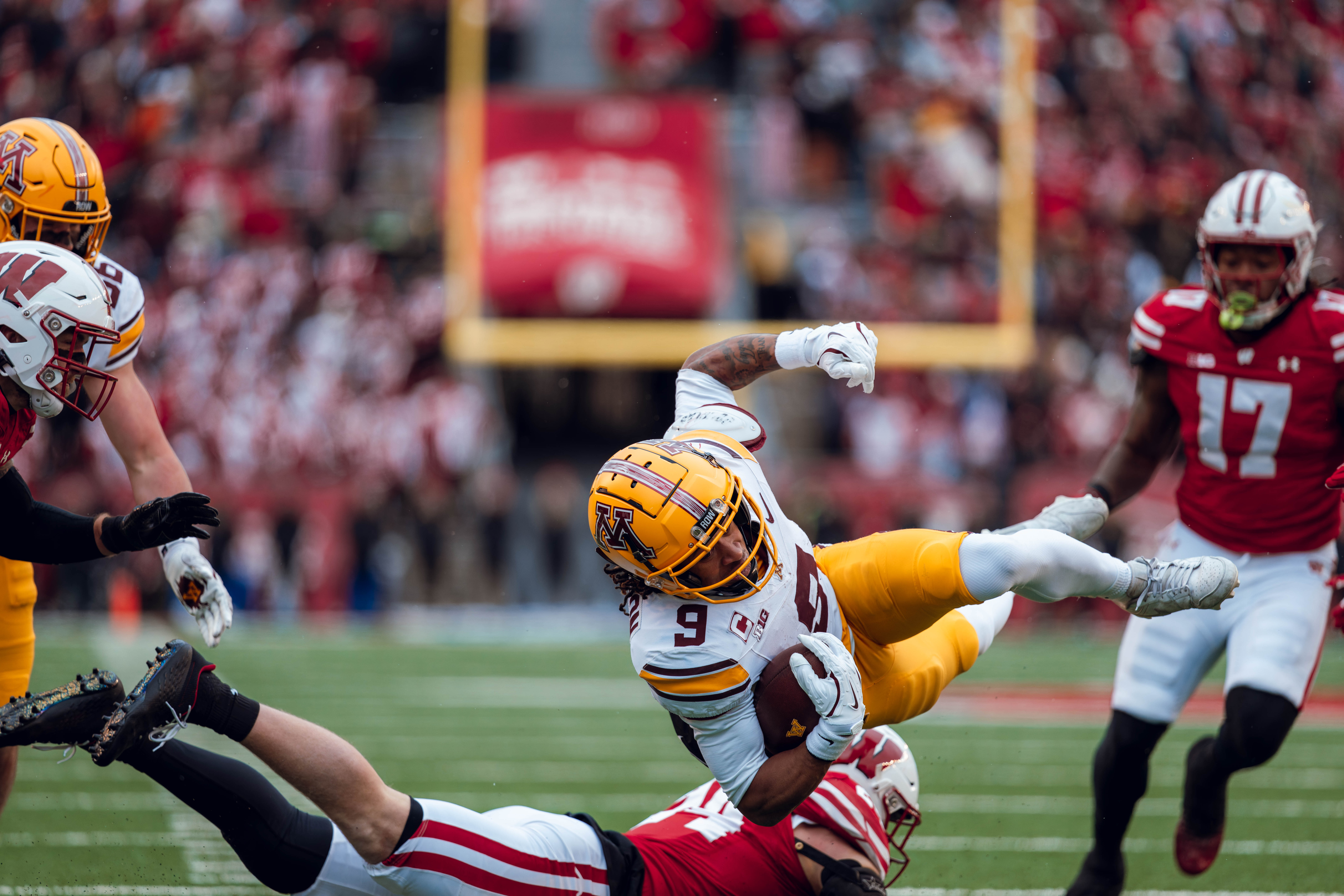 Minnesota Golden Gopher wide receiver Daniel Jackson #9 runs up field after receiving a short pass against the Wisconsin Badgers at Camp Randall Stadium on November 29, 2024 in Madison, Wisconsin. Photography by Ross Harried for Second Crop Sports.