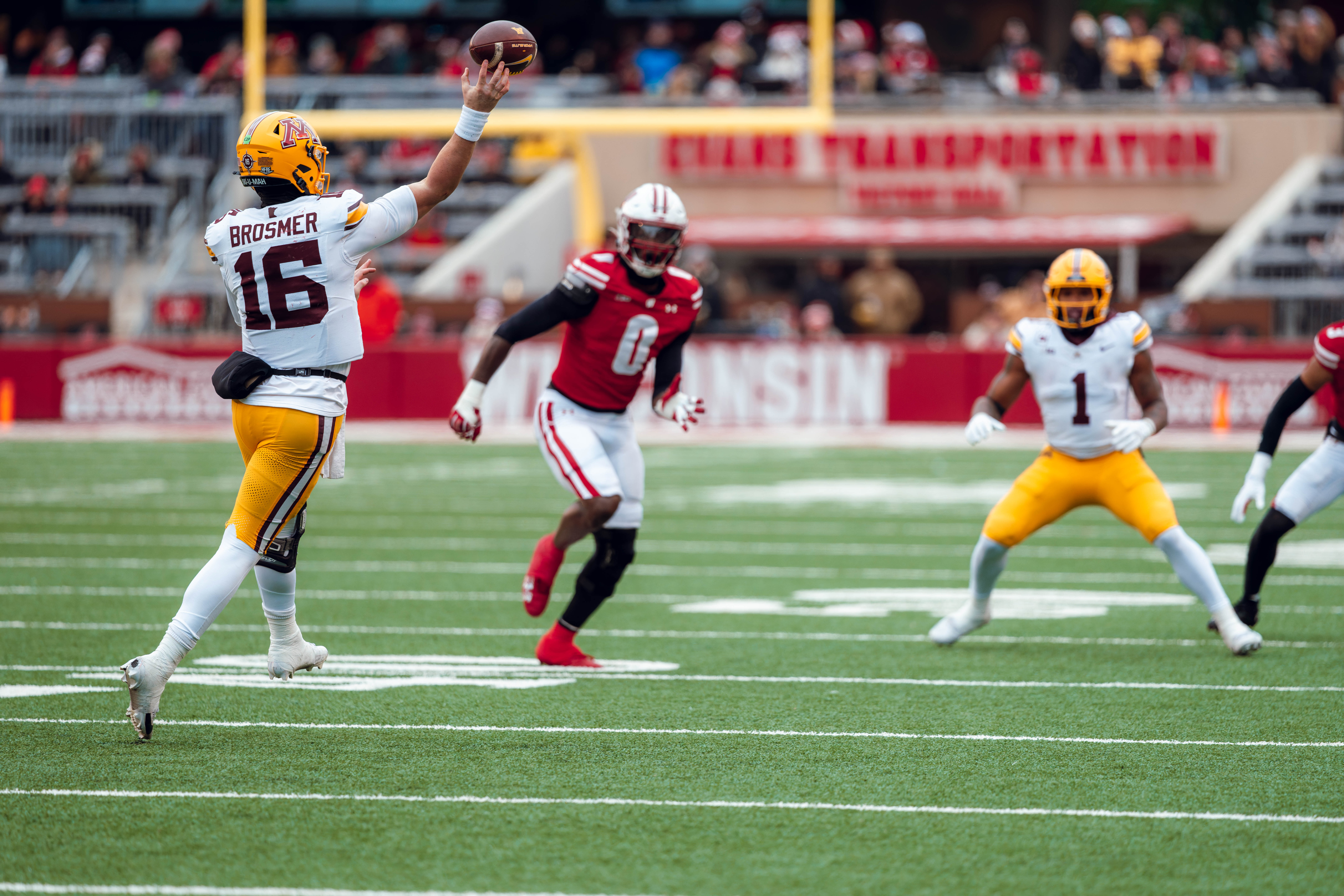 Minnesota quarterback Max Brosmer #16 attempts a pass against the Wisconsin Badgers at Camp Randall Stadium on November 29, 2024 in Madison, Wisconsin. Photography by Ross Harried for Second Crop Sports.