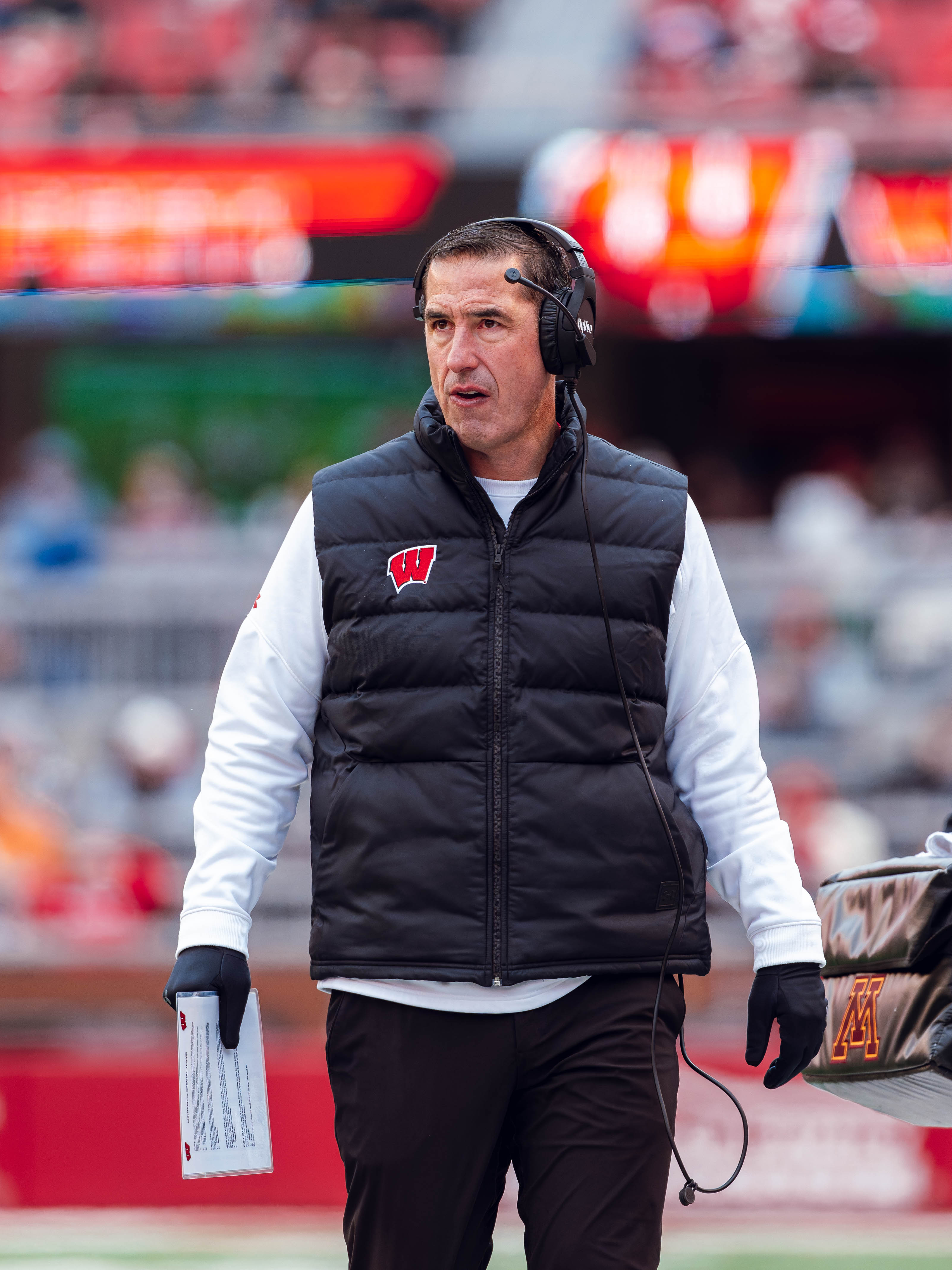 Wisconsin Badgers Head Coach Luke Fickell looks on against the Minnesota Golden Gophers at Camp Randall Stadium on November 29, 2024 in Madison, Wisconsin. Photography by Ross Harried for Second Crop Sports.