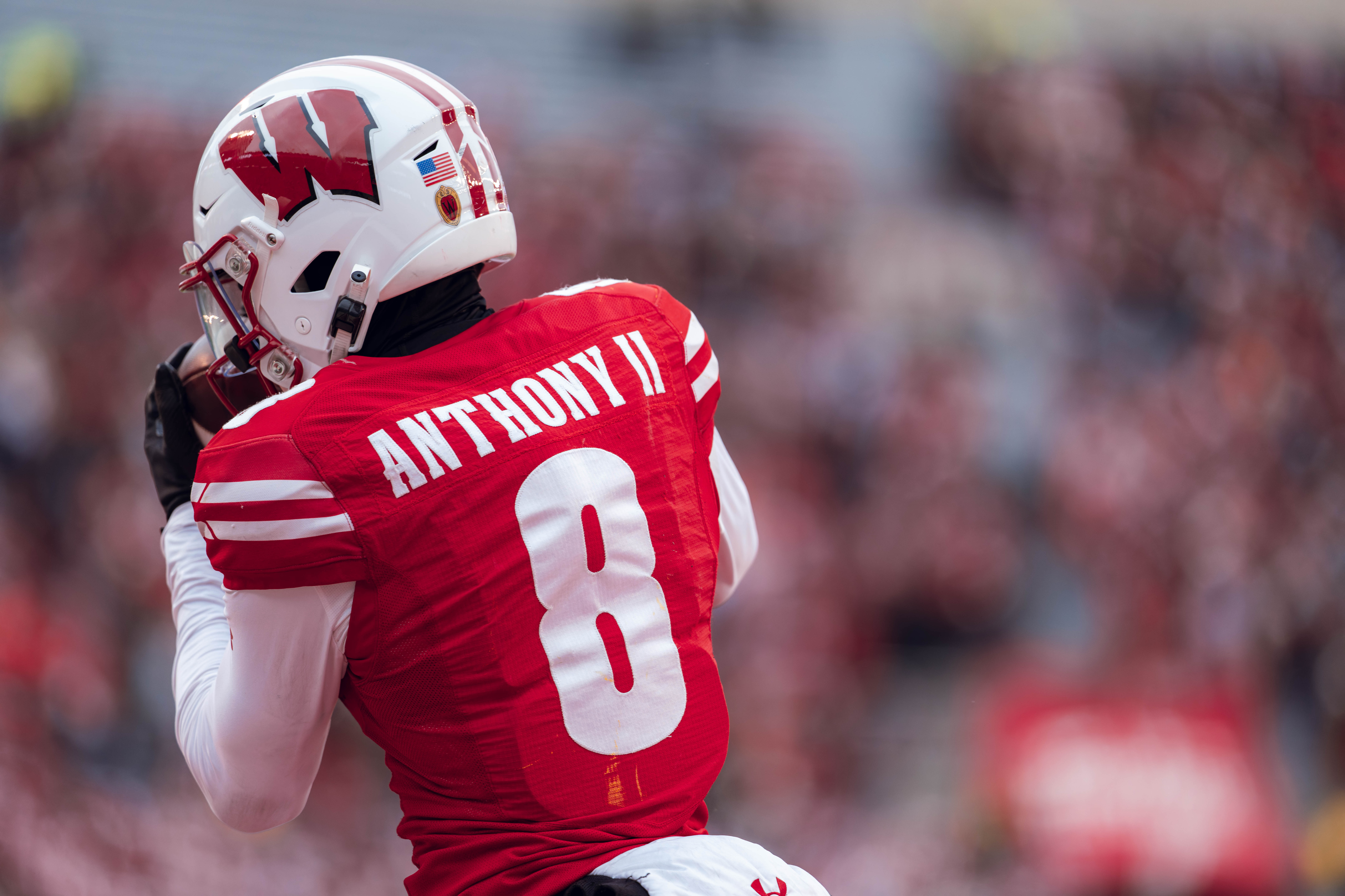 Wisconsin Badgers wide receiver Vinny Anthony II #8 hauls in a touchdown catch against the Minnesota Golden Gophers at Camp Randall Stadium on November 29, 2024 in Madison, Wisconsin. Photography by Ross Harried for Second Crop Sports.