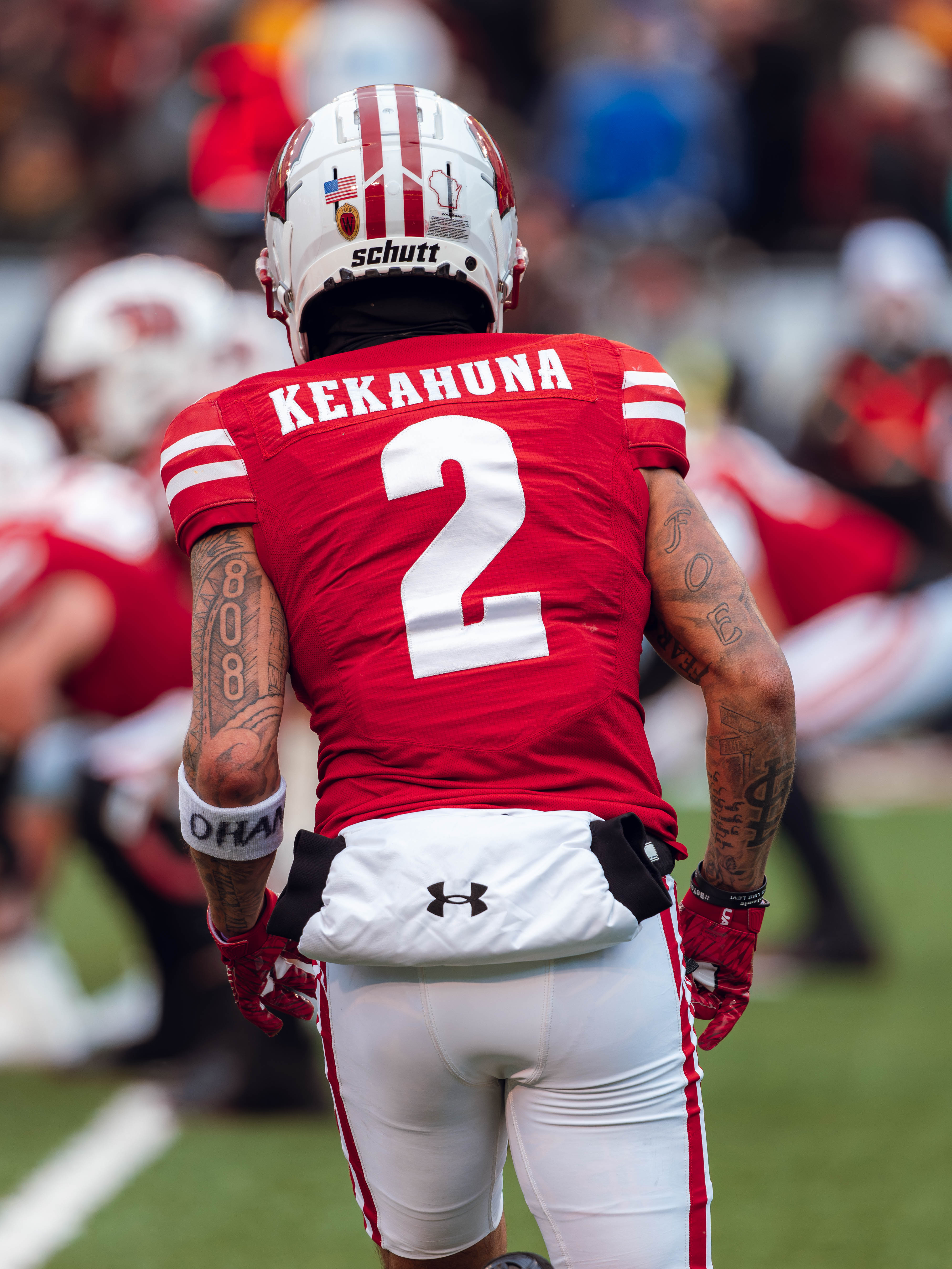 Wisconsin Badgers wide receiver Trech Kekahuna #2 goes in motion against the Minnesota Golden Gophers at Camp Randall Stadium on November 29, 2024 in Madison, Wisconsin. Photography by Ross Harried for Second Crop Sports.