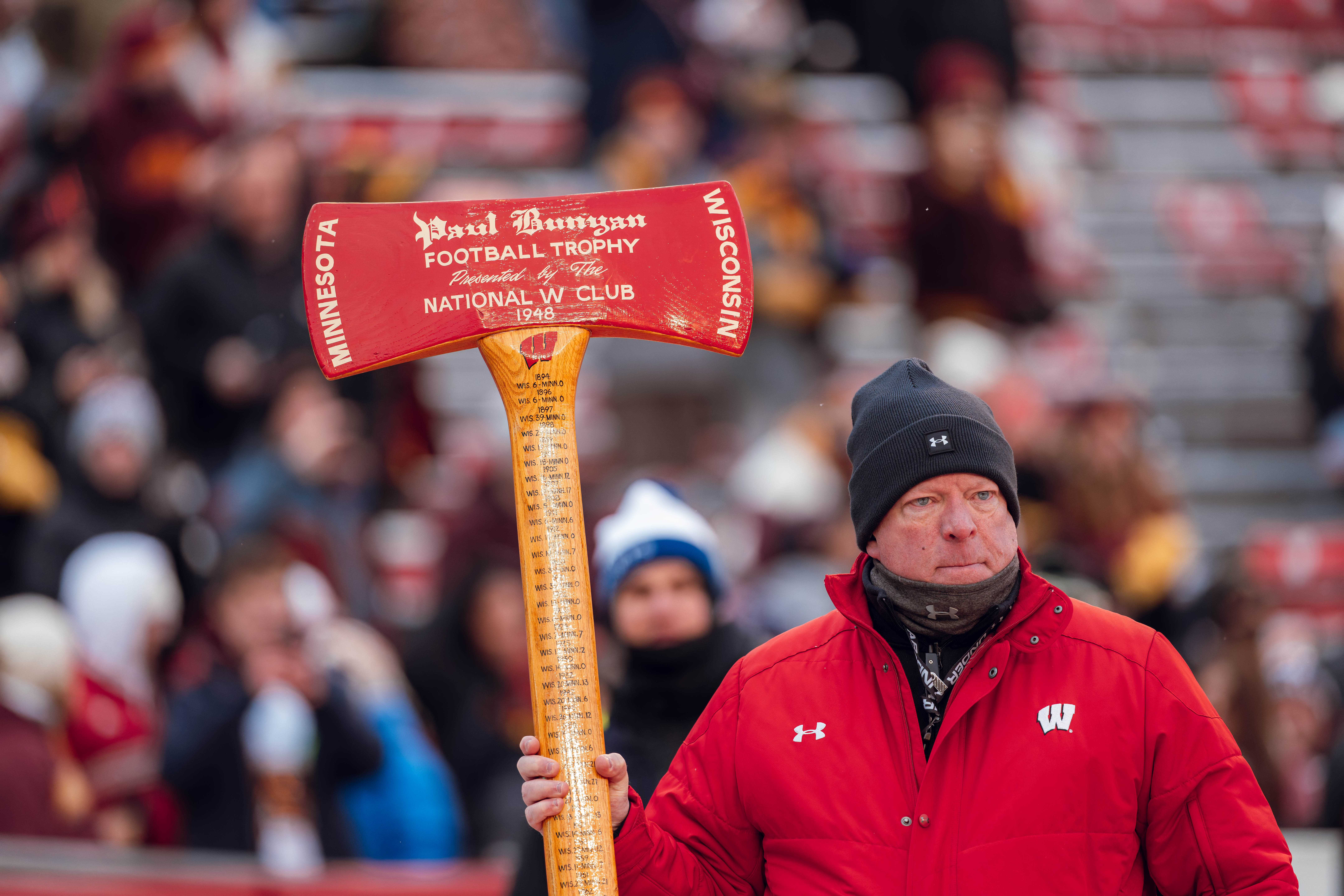 The Minnesota Golden Gophers take home the Paul Bunyan Axe against the Wisconsin Badgers at Camp Randall Stadium on November 29, 2024 in Madison, Wisconsin. Photography by Ross Harried for Second Crop Sports.