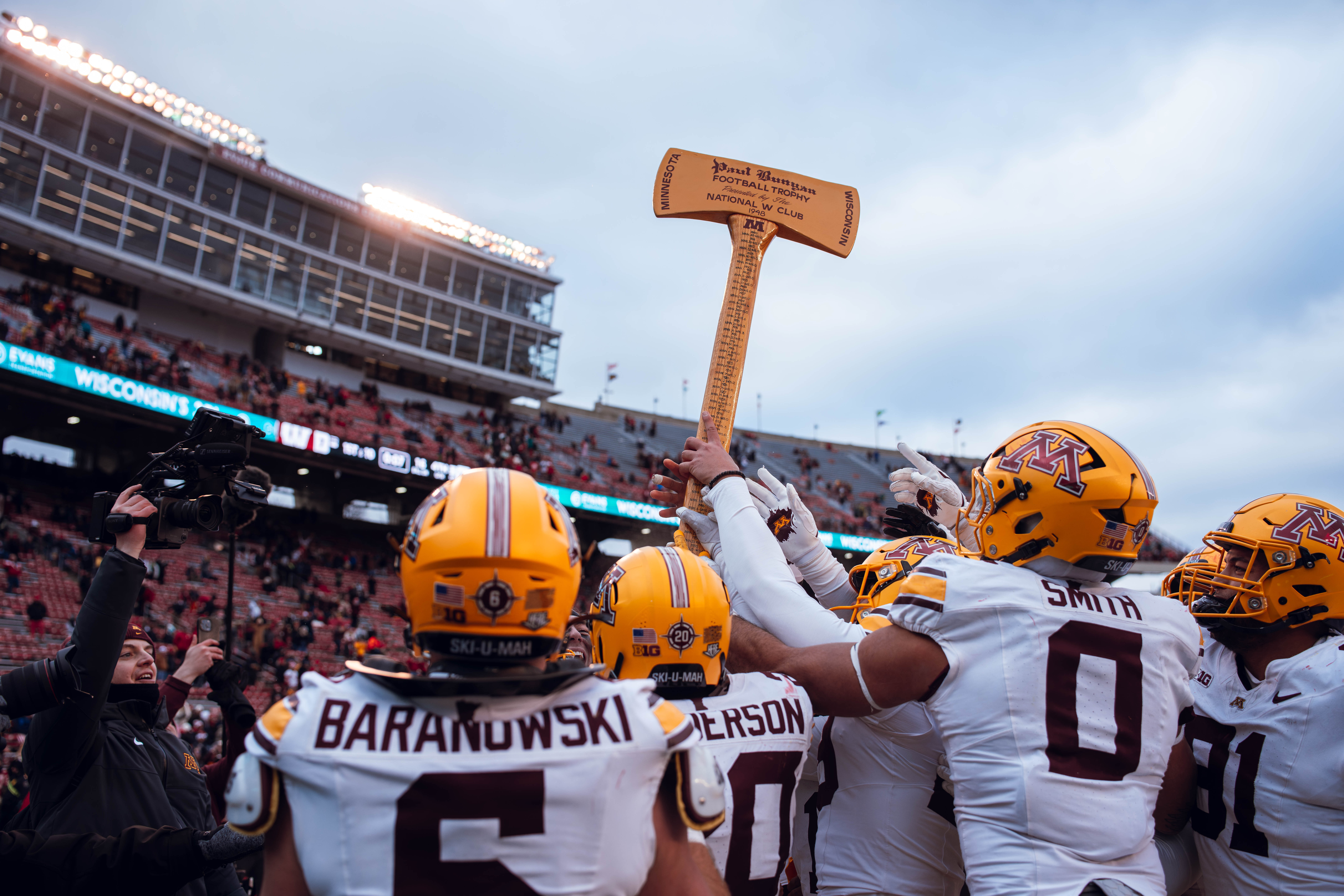 The Minnesota Golden Gophers take home the Paul Bunyan Axe against the Wisconsin Badgers at Camp Randall Stadium on November 29, 2024 in Madison, Wisconsin. Photography by Ross Harried for Second Crop Sports.