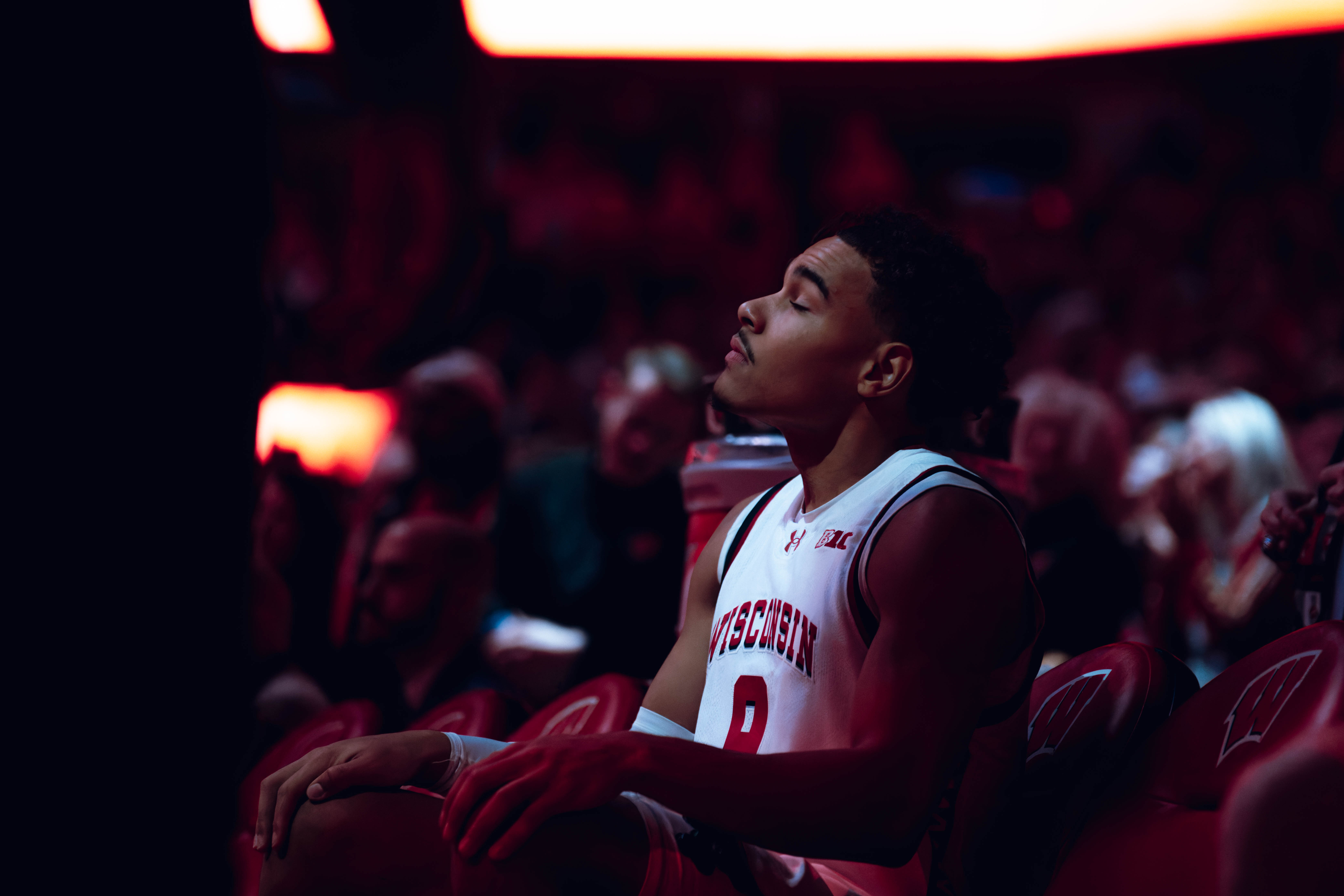 Wisconsin Badgers guard John Tonje #9 prepares to take on the Michigan Wolverines at the Kohl Center on December 03, 2024 in Madison, Wisconsin. Photography by Ross Harried for Second Crop Sports.