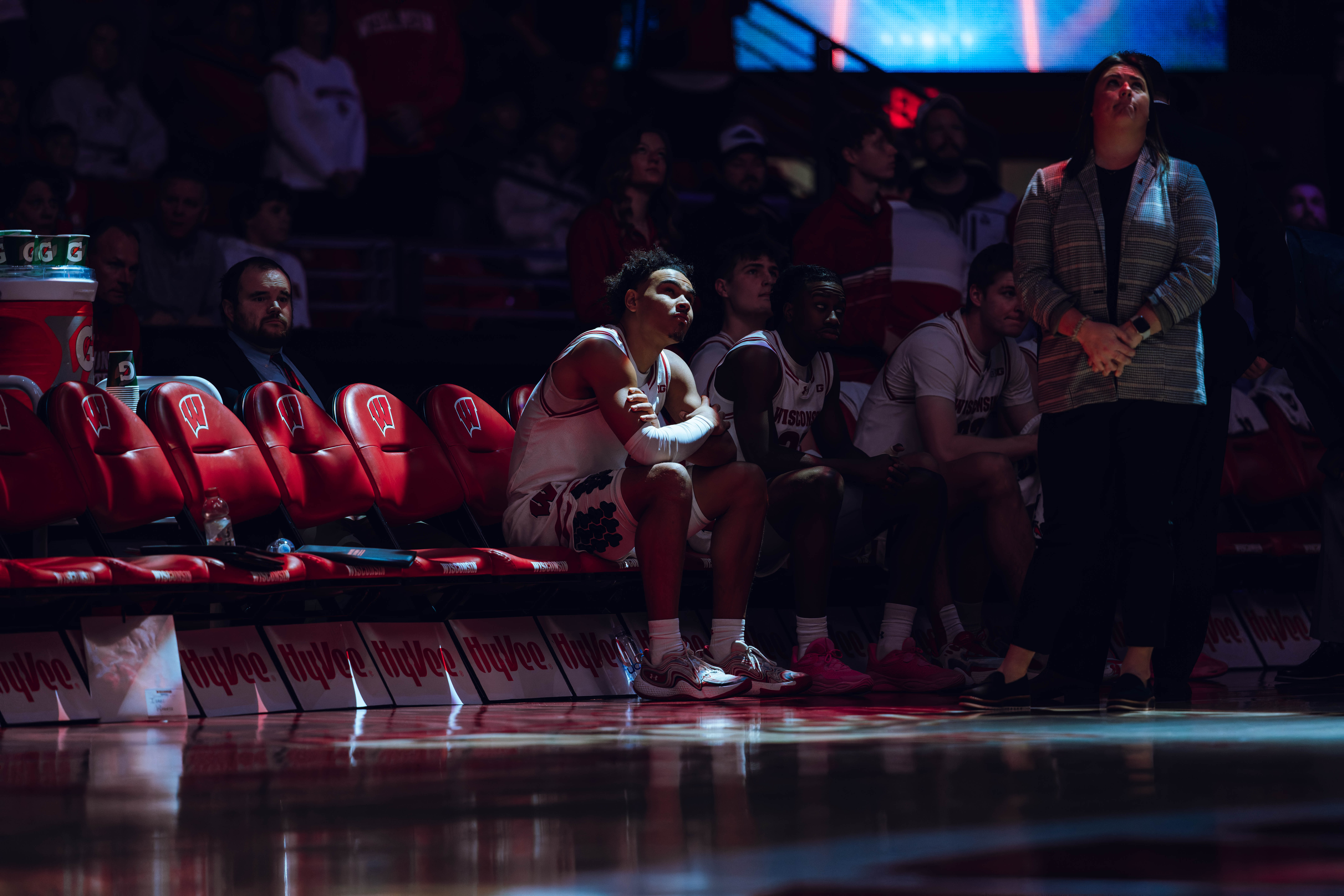 Wisconsin Badgers guard John Tonje #9 looks up at the sideboard during starting lineups against the Detroit Mercy Titans at Kohl Center on December 22, 2024 in Madison, Wisconsin. Photography by Ross Harried for Second Crop Sports.