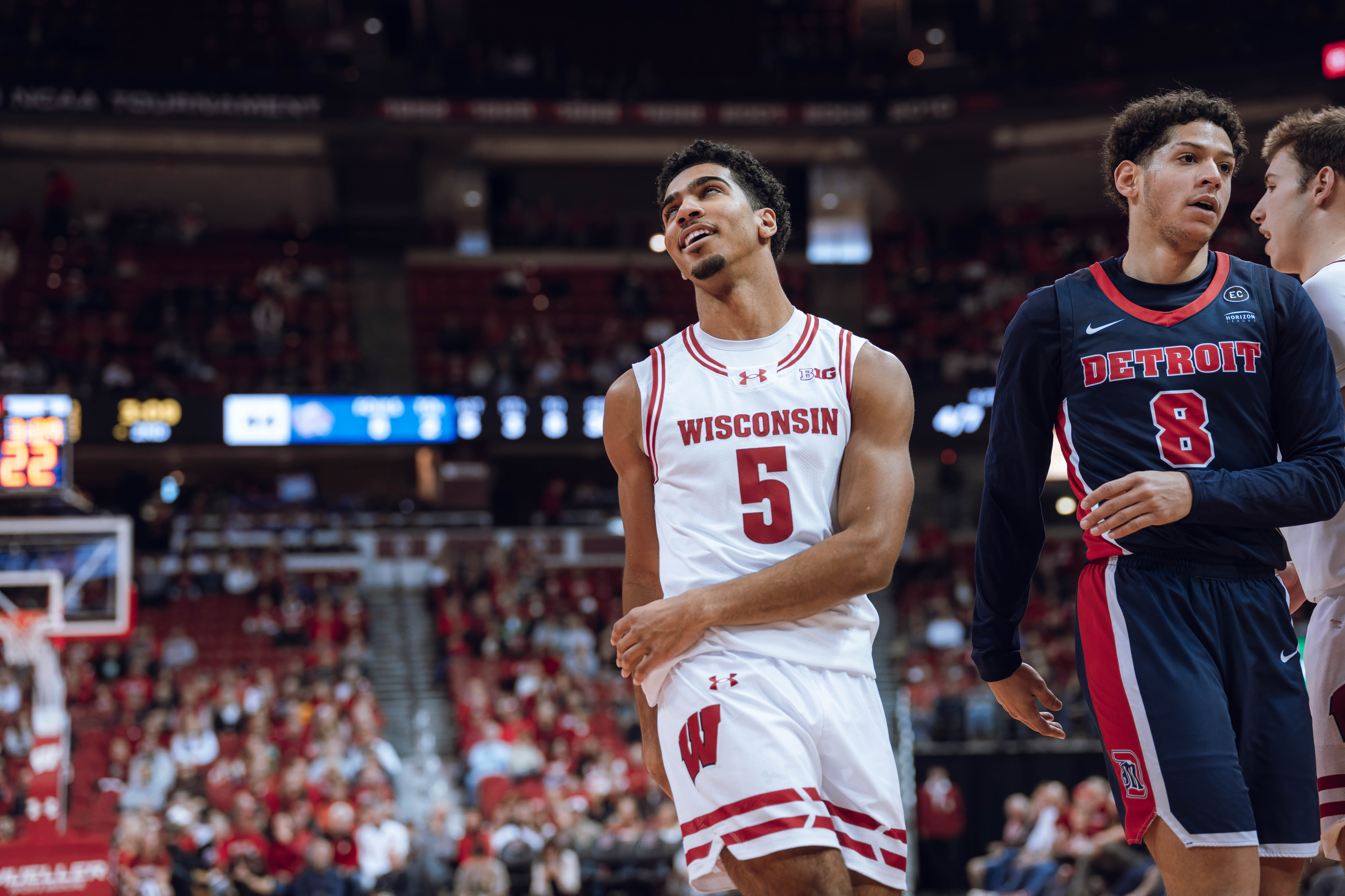 Wisconsin Badgers guard Daniel Freitag #5 rolls his eyes at a foul late in the second half against the Detroit Mercy Titans at Kohl Center on December 22, 2024 in Madison, Wisconsin. Photography by Ross Harried for Second Crop Sports.