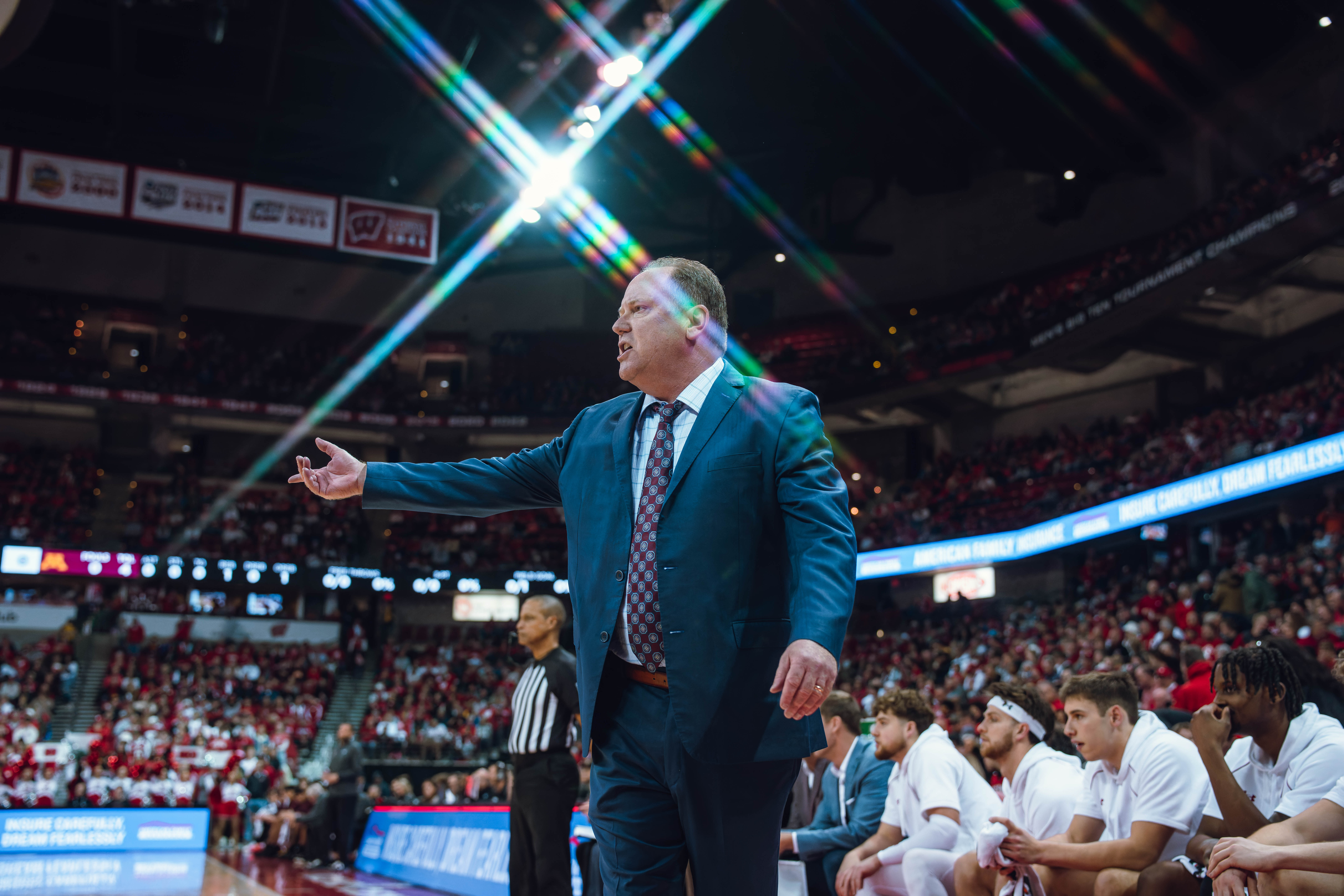 Wisconsin Badgers Head Coach Greg Gard questions a call against the Minnesota Golden Gophers at Kohl Center on January 10, 2025 in Madison, Wisconsin. Photography by Ross Harried for Second Crop Sports.