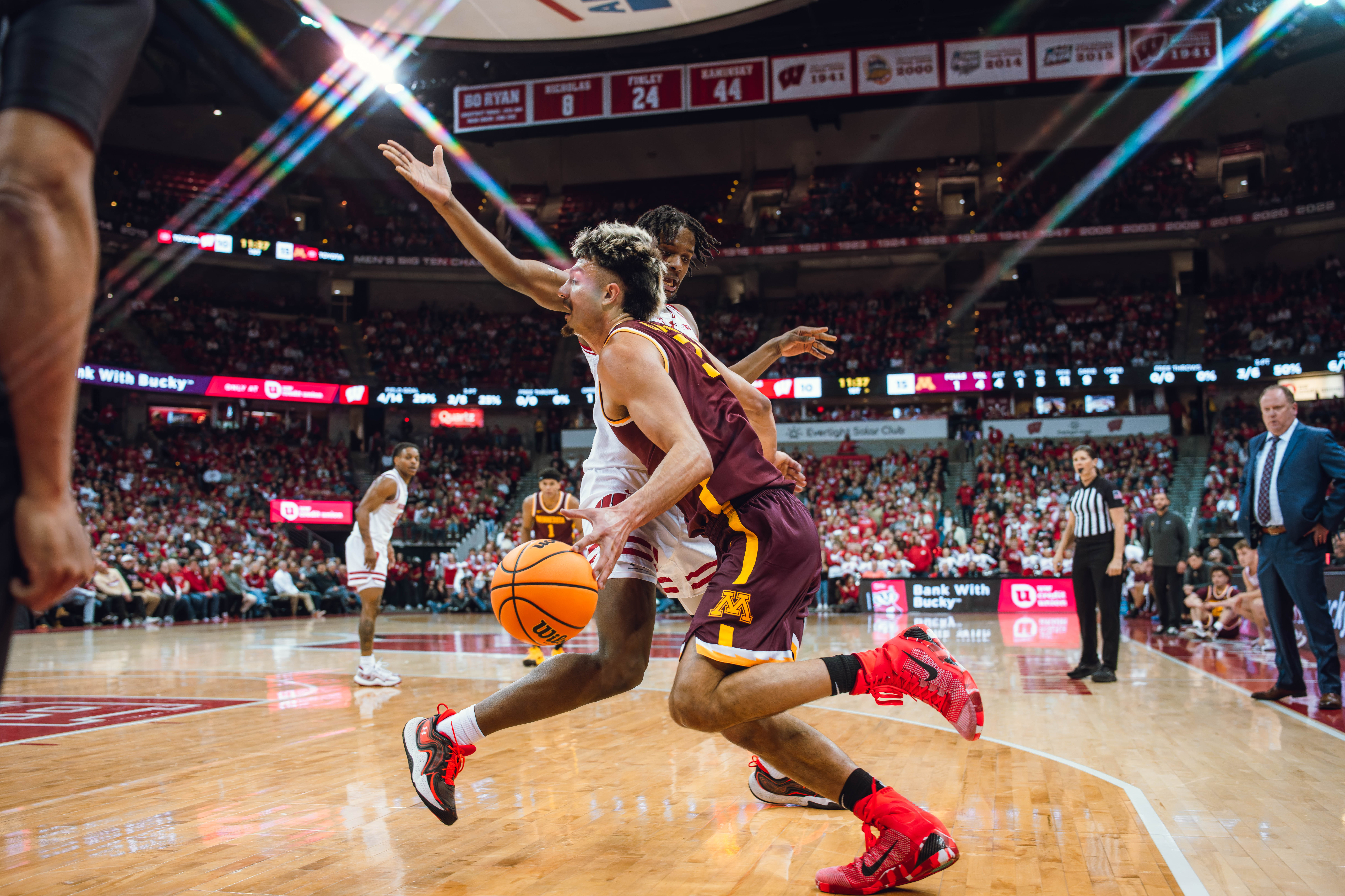 Minnesota Golden Gophers forward Dawson Garcia #3 attempts the drive the baseline against the Wisconsin Badgers at Kohl Center on January 10, 2025 in Madison, Wisconsin. Photography by Ross Harried for Second Crop Sports.