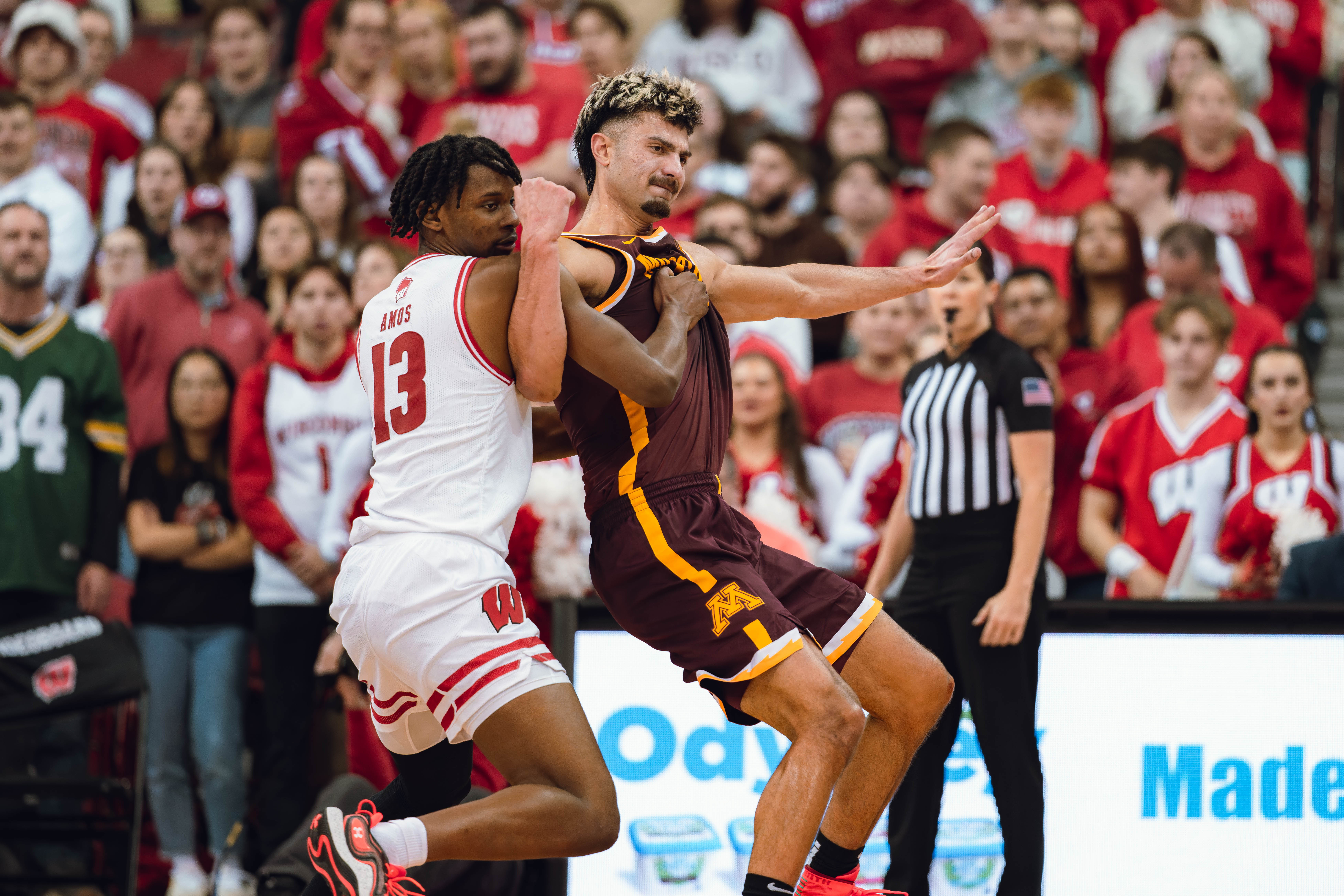 Wisconsin Badgers forward Xavier Amos #13 and Minnesota Golden Gophers forward Dawson Garcia #3 battle down low at Kohl Center on January 10, 2025 in Madison, Wisconsin. Photography by Ross Harried for Second Crop Sports.