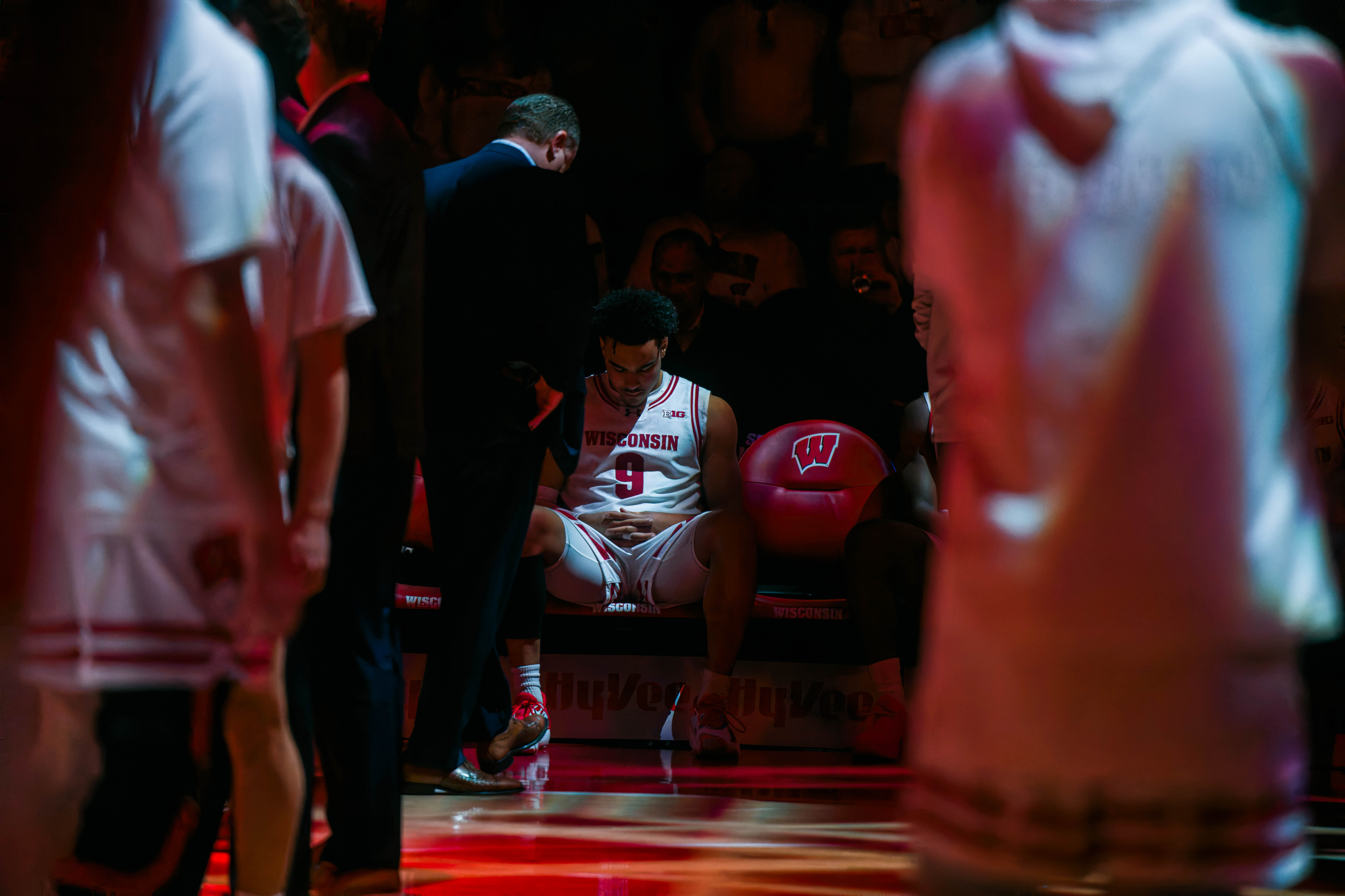 Wisconsin Badgers guard John Tonje #9 prepares to take on the ndiana Hoosiers at the Kohl Center on February 04, 2025 in Madison, Wisconsin. Photography by Ross Harried for Second Crop Sports.