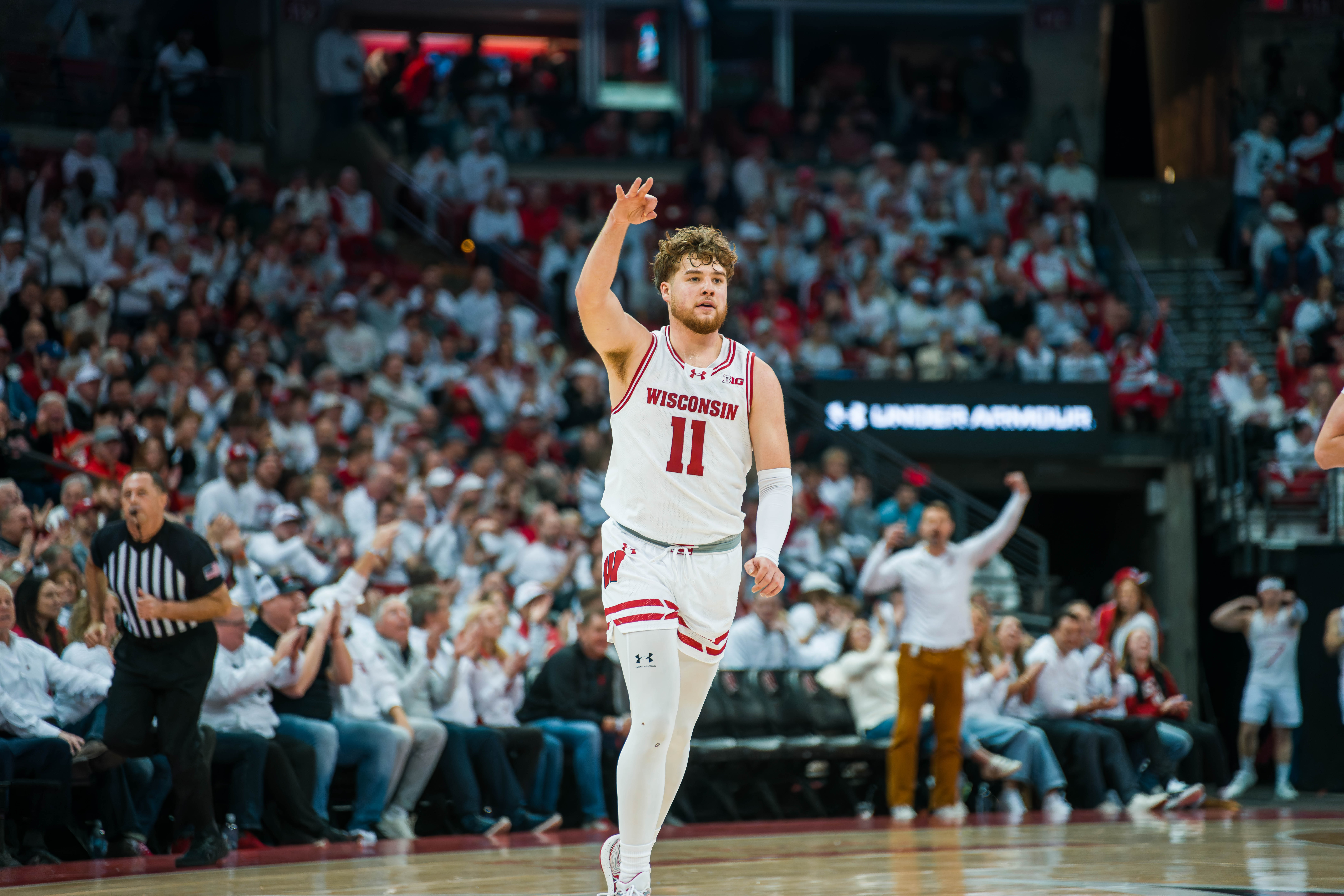 Wisconsin Badgers guard Max Klesmit #11 celebrates a three pointer against the ndiana Hoosiers at the Kohl Center on February 04, 2025 in Madison, Wisconsin. Photography by Ross Harried for Second Crop Sports.