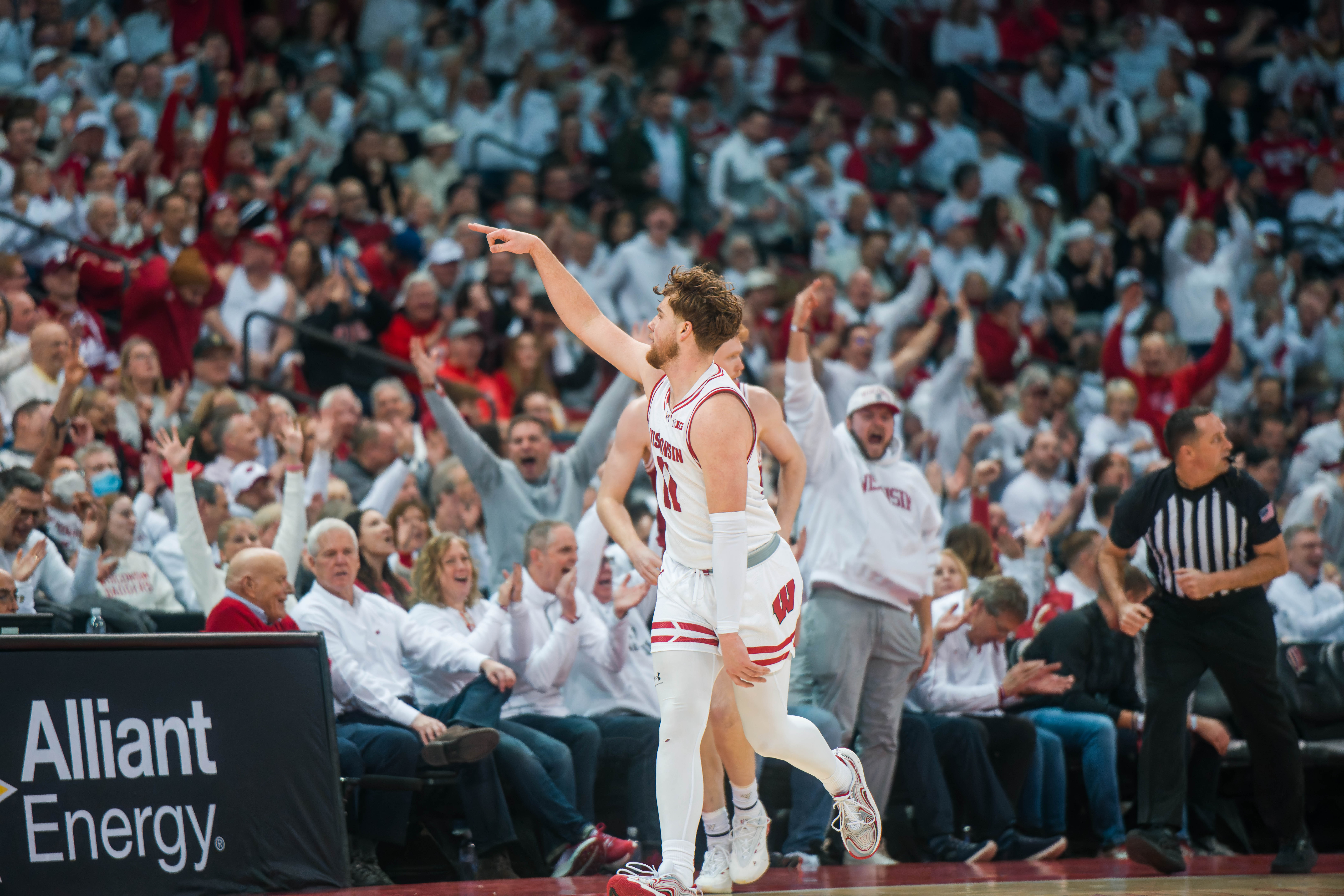 Wisconsin Badgers guard Max Klesmit #11 celebrates a three pointer against the ndiana Hoosiers at the Kohl Center on February 04, 2025 in Madison, Wisconsin. Photography by Ross Harried for Second Crop Sports.