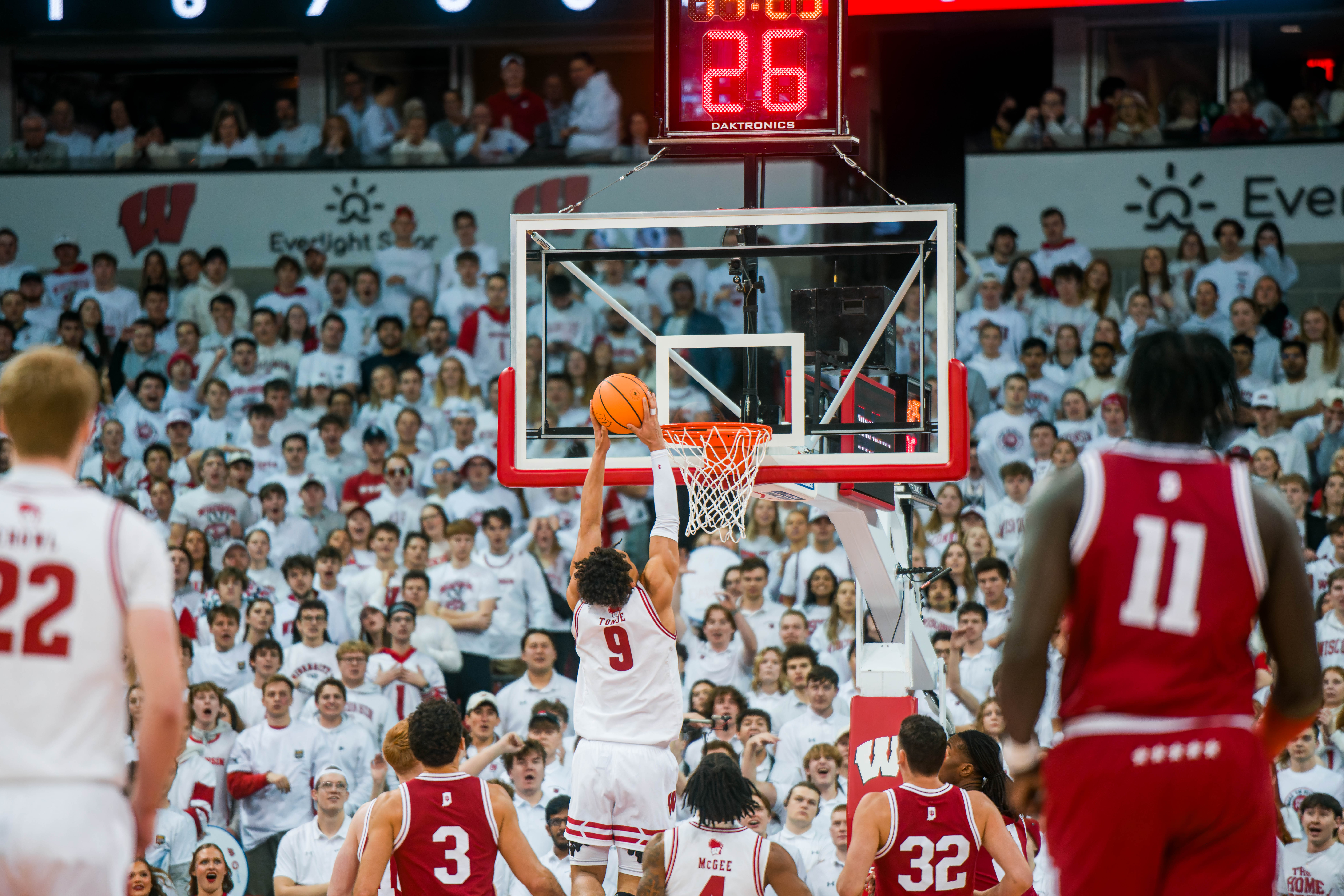 Wisconsin Badgers guard John Tonje #9 flushes a dunk on a fast break against the Indiana Hoosiers at the Kohl Center on February 04, 2025 in Madison, Wisconsin. Photography by Ross Harried for Second Crop Sports.