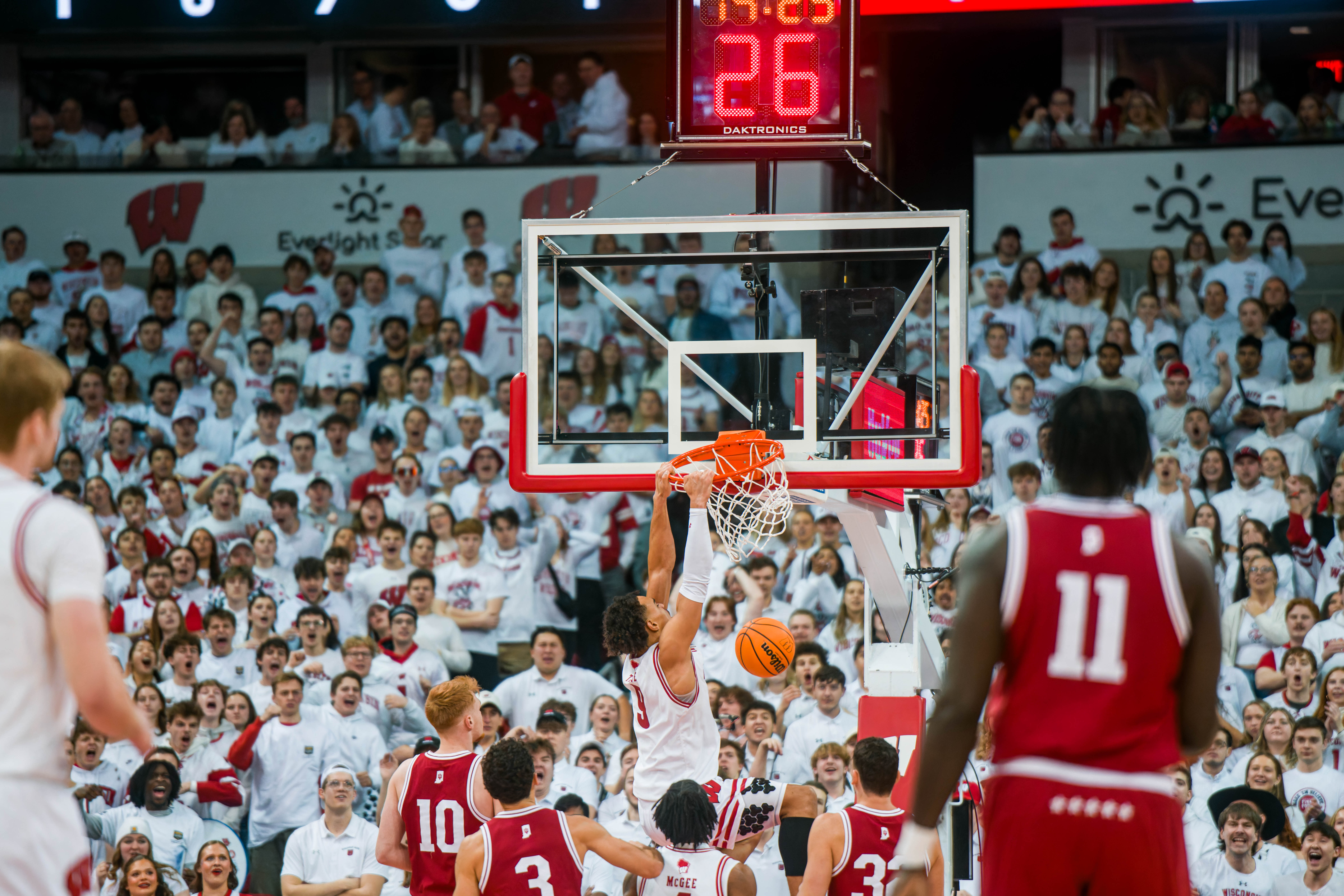 Wisconsin Badgers guard John Tonje #9 flushes a dunk on a fast break against the Indiana Hoosiers at the Kohl Center on February 04, 2025 in Madison, Wisconsin. Photography by Ross Harried for Second Crop Sports.