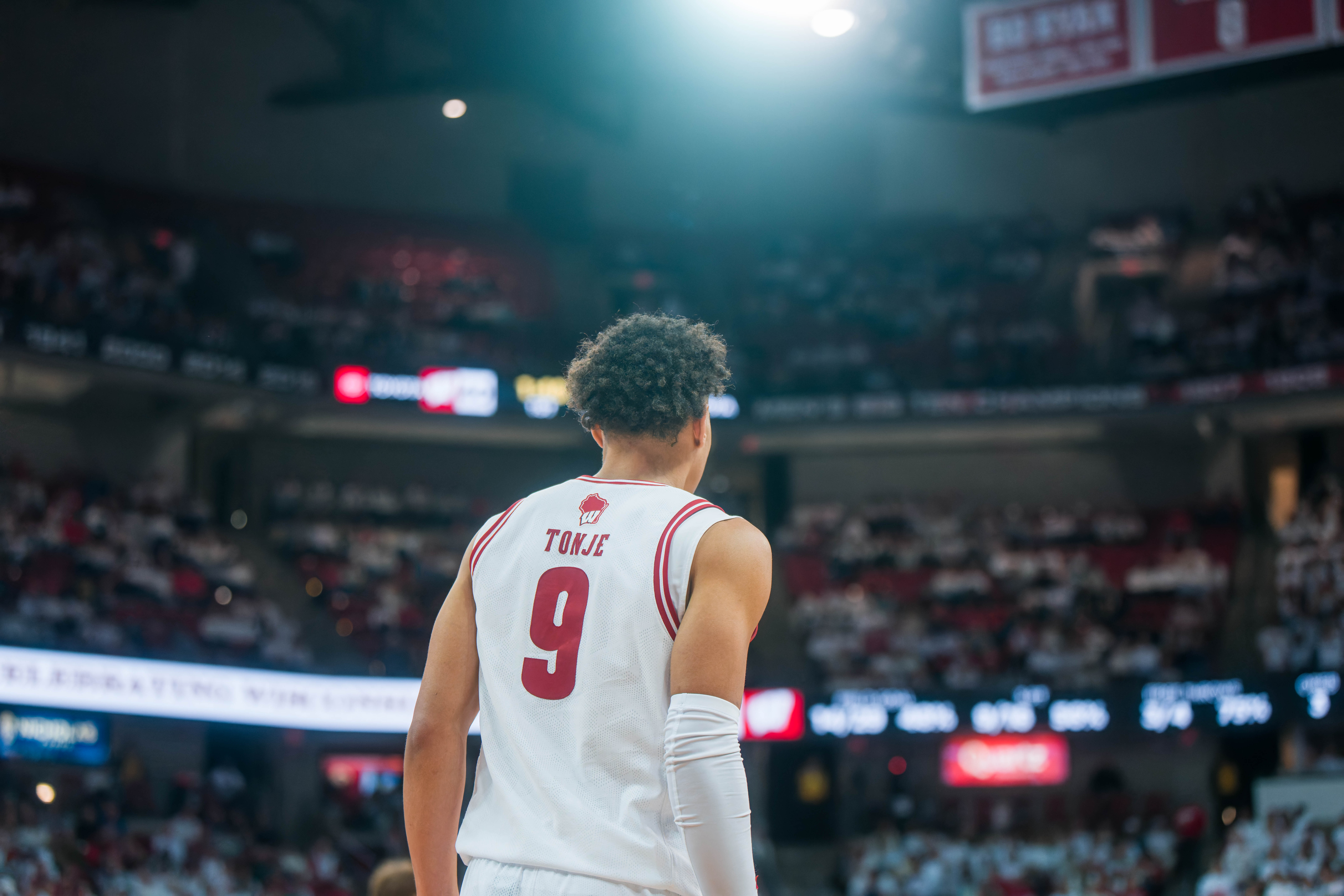 Wisconsin Badgers guard John Tonje #9 looks down court towards the Indiana Hoosiers at the Kohl Center on February 04, 2025 in Madison, Wisconsin. Photography by Ross Harried for Second Crop Sports.