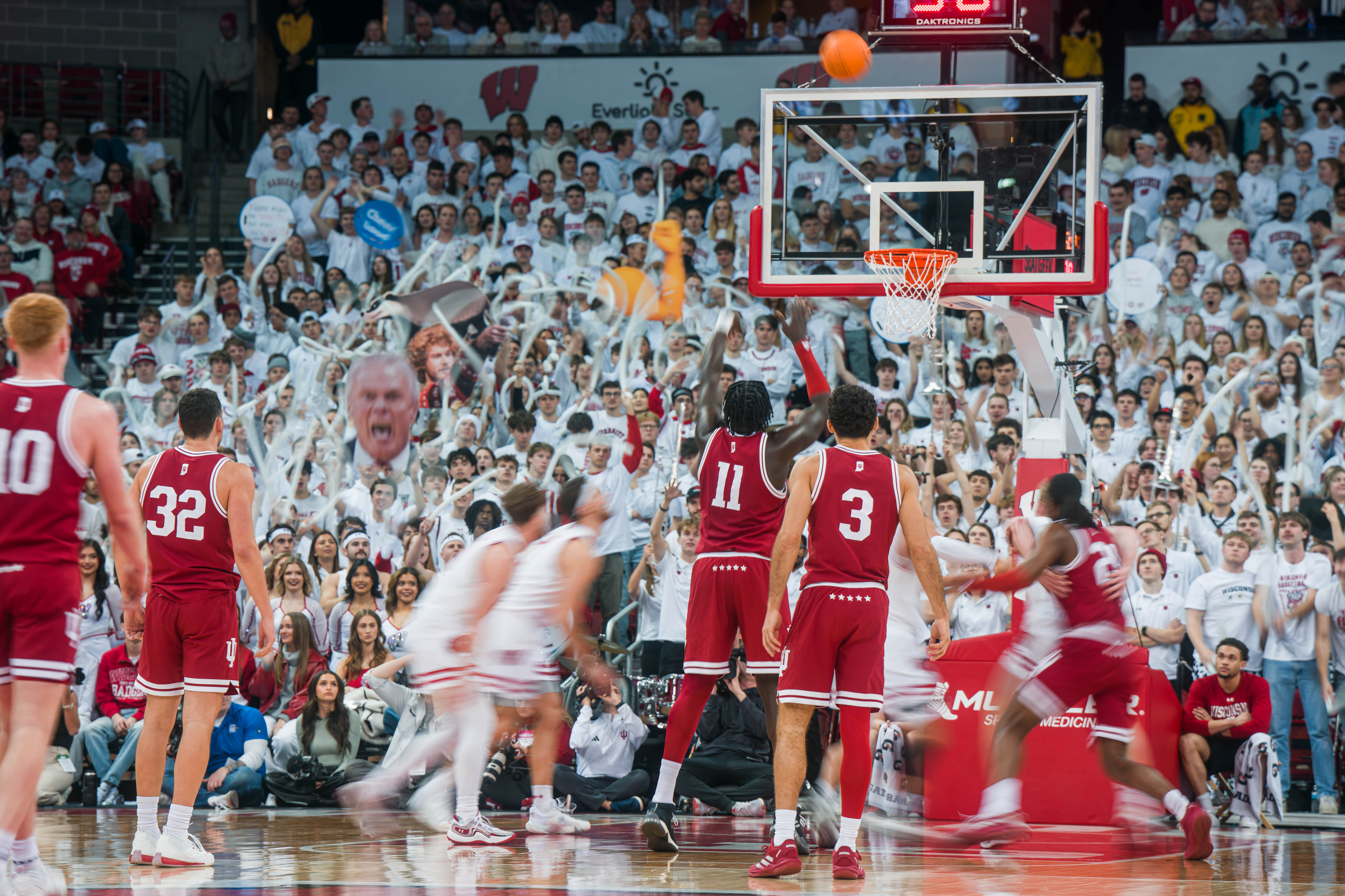 Indiana Hoosiers Center Oumar Ballo #11 attempts a free throw in front of a white out crowd against the Wisconsin Badgers at the Kohl Center on February 04, 2025 in Madison, Wisconsin. Photography by Ross Harried for Second Crop Sports.