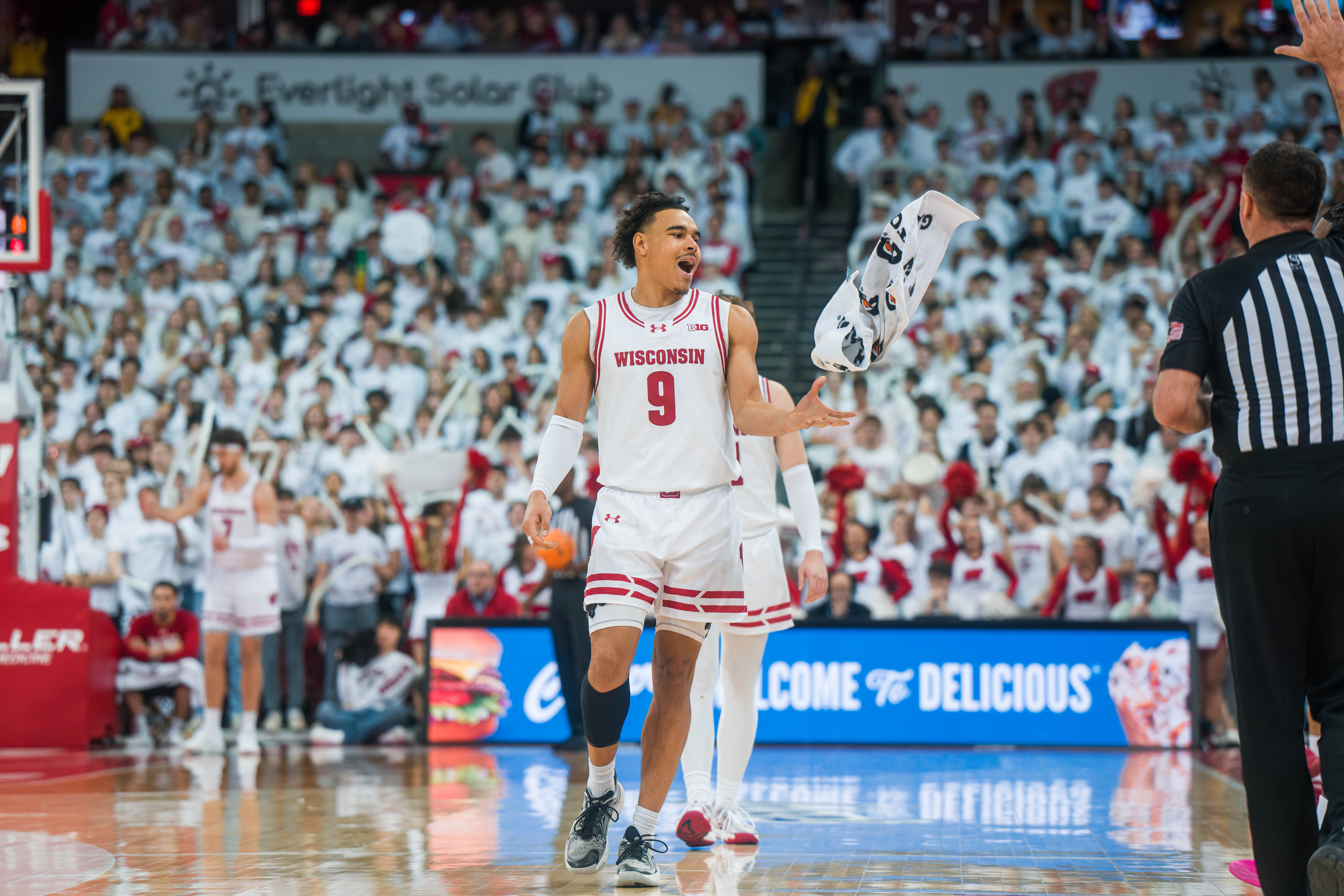 Wisconsin Badgers guard John Tonje #9 heads to the bench during a substitution against the Indiana Hoosiers at the Kohl Center on February 04, 2025 in Madison, Wisconsin. Photography by Ross Harried for Second Crop Sports.