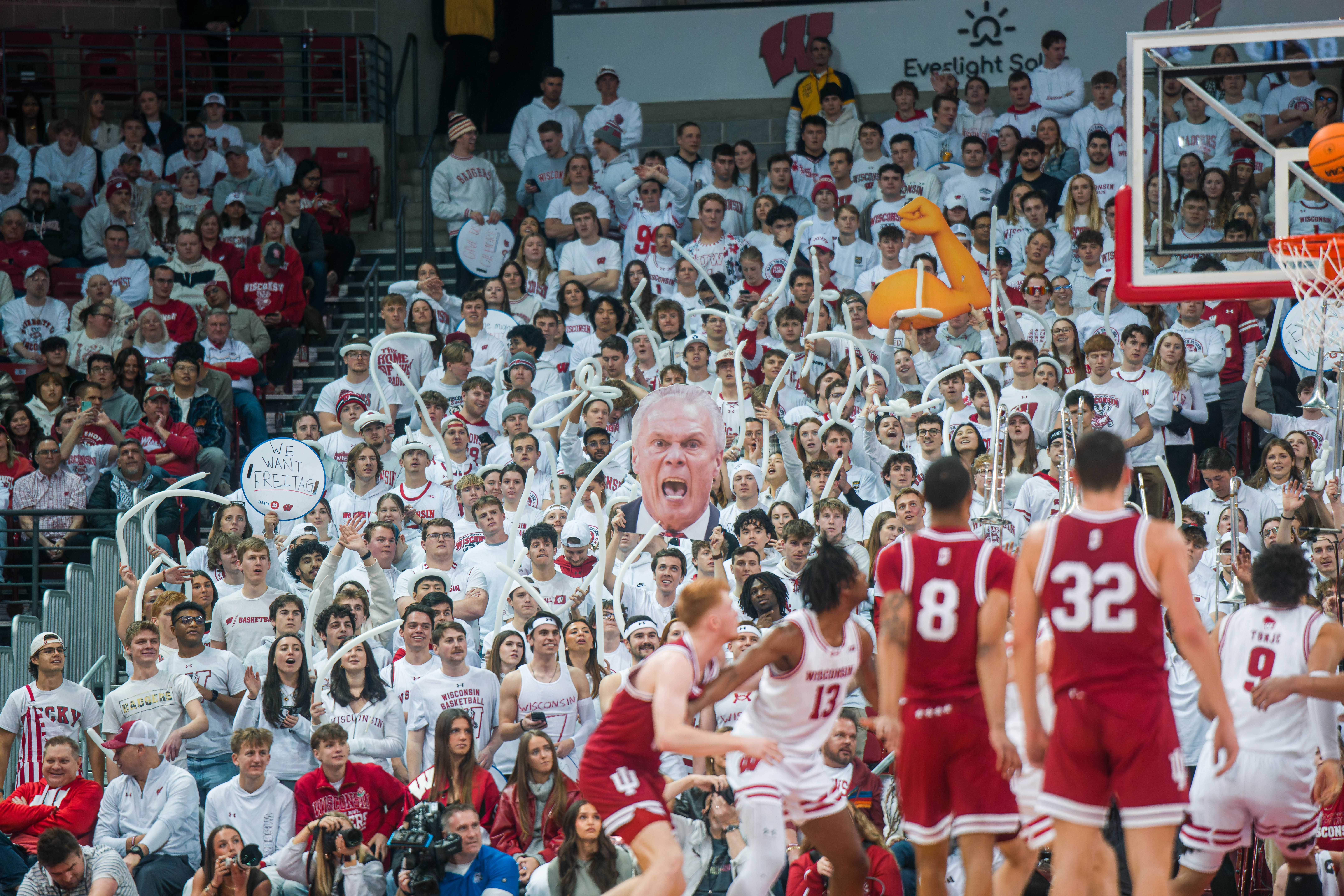 A Bo Ryan cutout is visible during a free throw as the Wisconsin Badgers take on the Indiana Hoosiers at the Kohl Center on February 04, 2025 in Madison, Wisconsin. Photography by Ross Harried for Second Crop Sports.