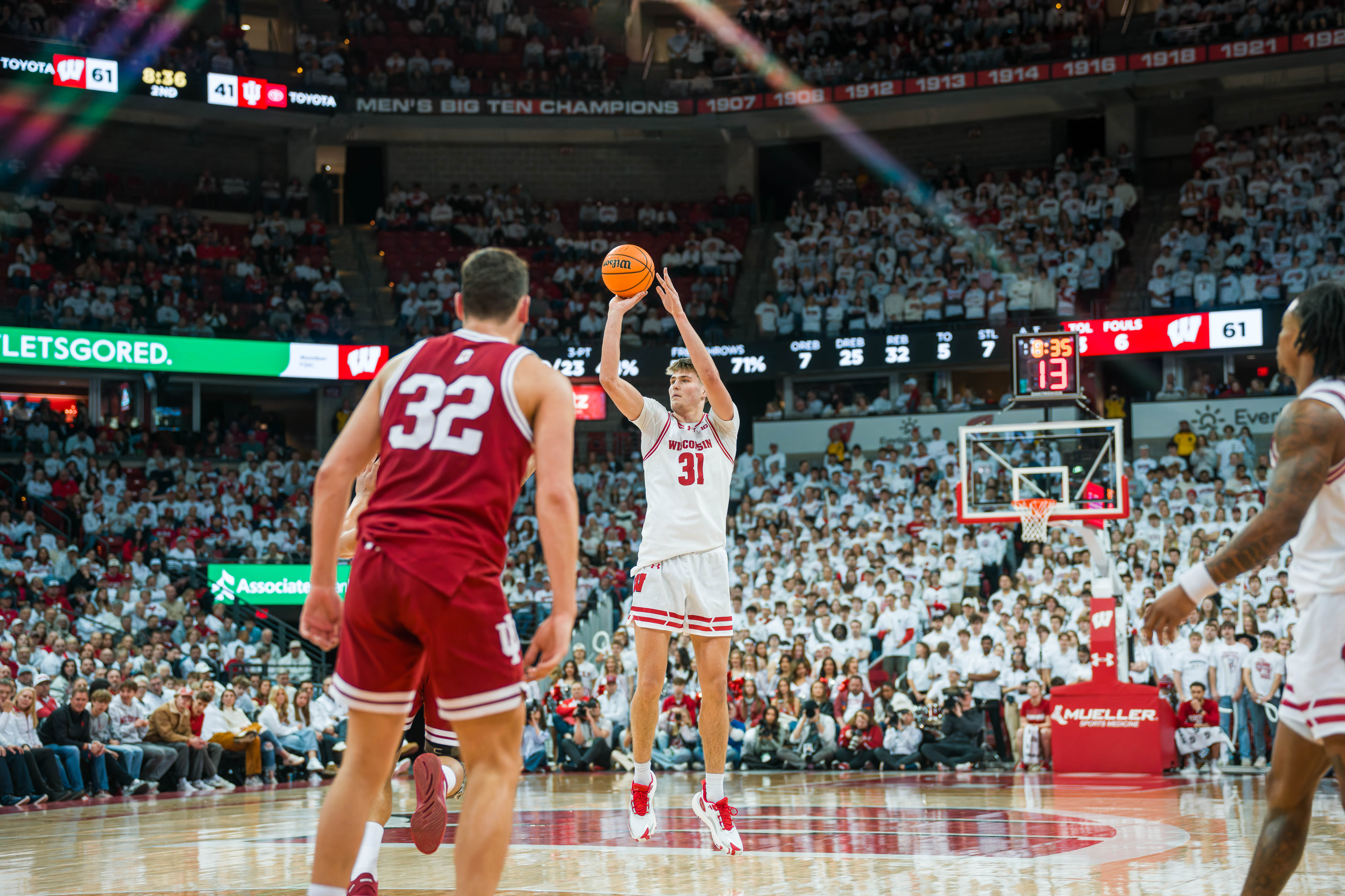 Wisconsin Badgers forward Nolan Winter #31 attempts a shot against the Indiana Hoosiers at the Kohl Center on February 04, 2025 in Madison, Wisconsin. Photography by Ross Harried for Second Crop Sports.