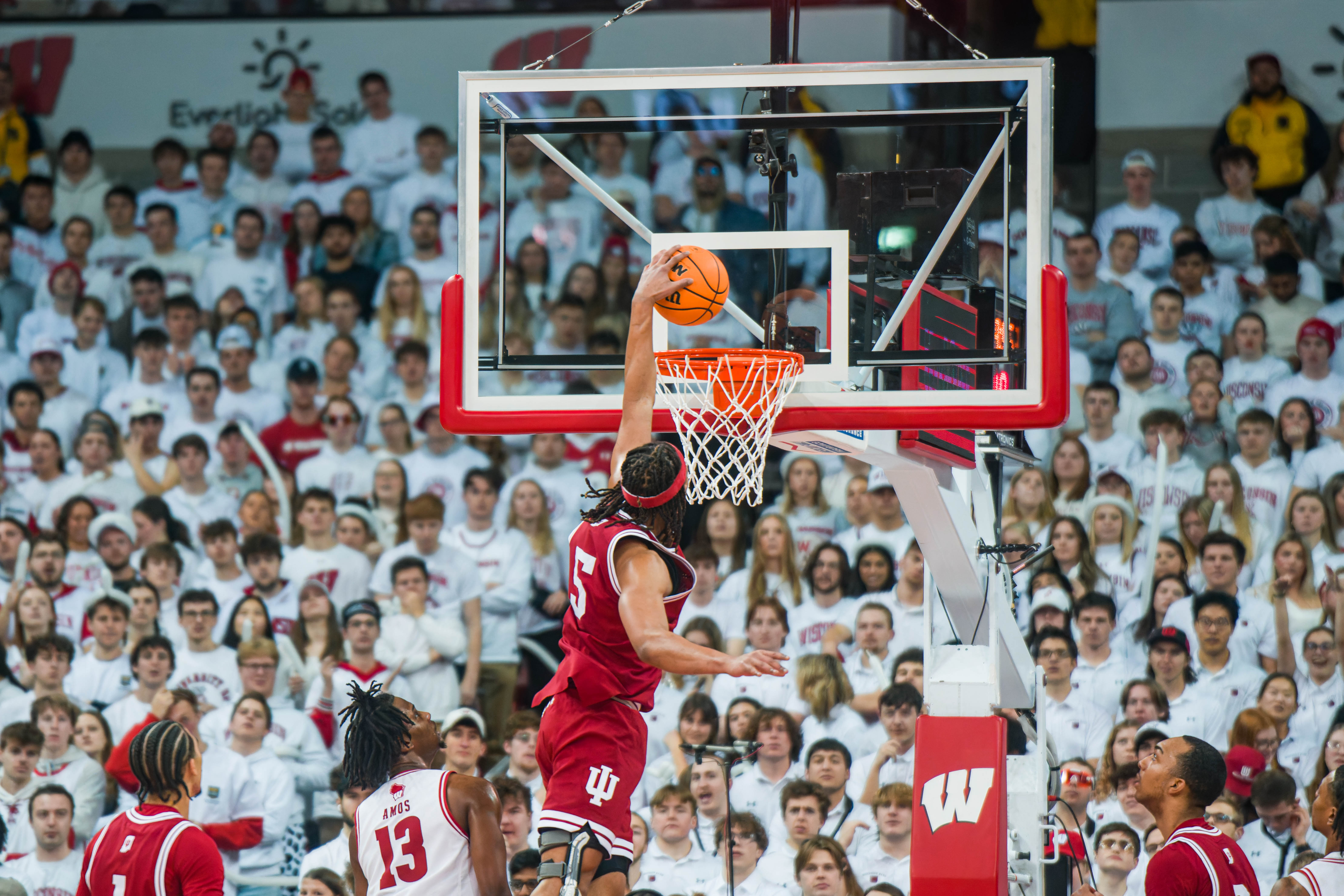 Indiana Hoosiers Forward Malik Reneau #5 throws down a dunk agains the Wisconsin Badgers at the Kohl Center on February 04, 2025 in Madison, Wisconsin. Photography by Ross Harried for Second Crop Sports.