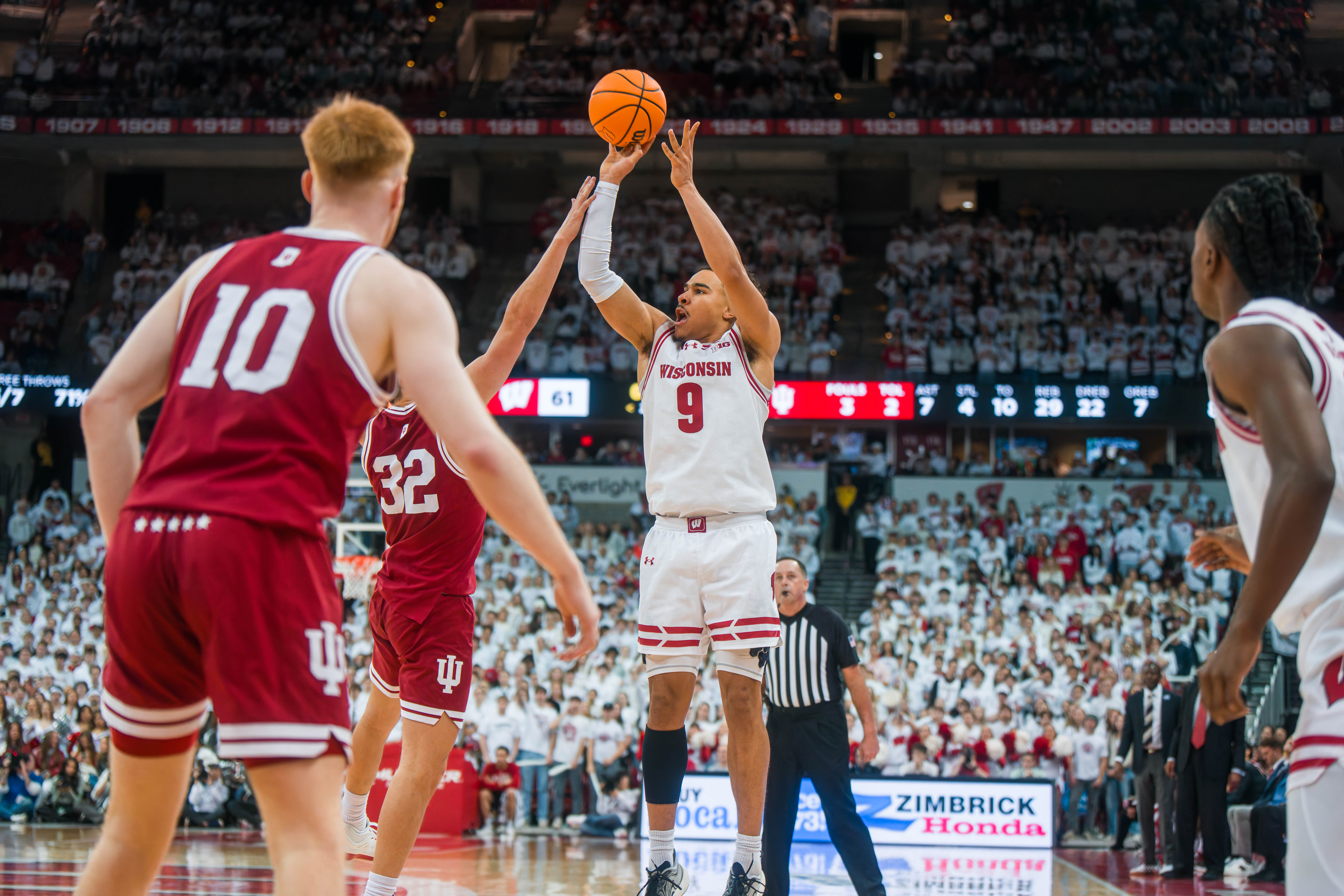 Wisconsin Badgers guard John Tonje #9 attempts a three pointer against the Indiana Hoosiers at the Kohl Center on February 04, 2025 in Madison, Wisconsin. Photography by Ross Harried for Second Crop Sports.