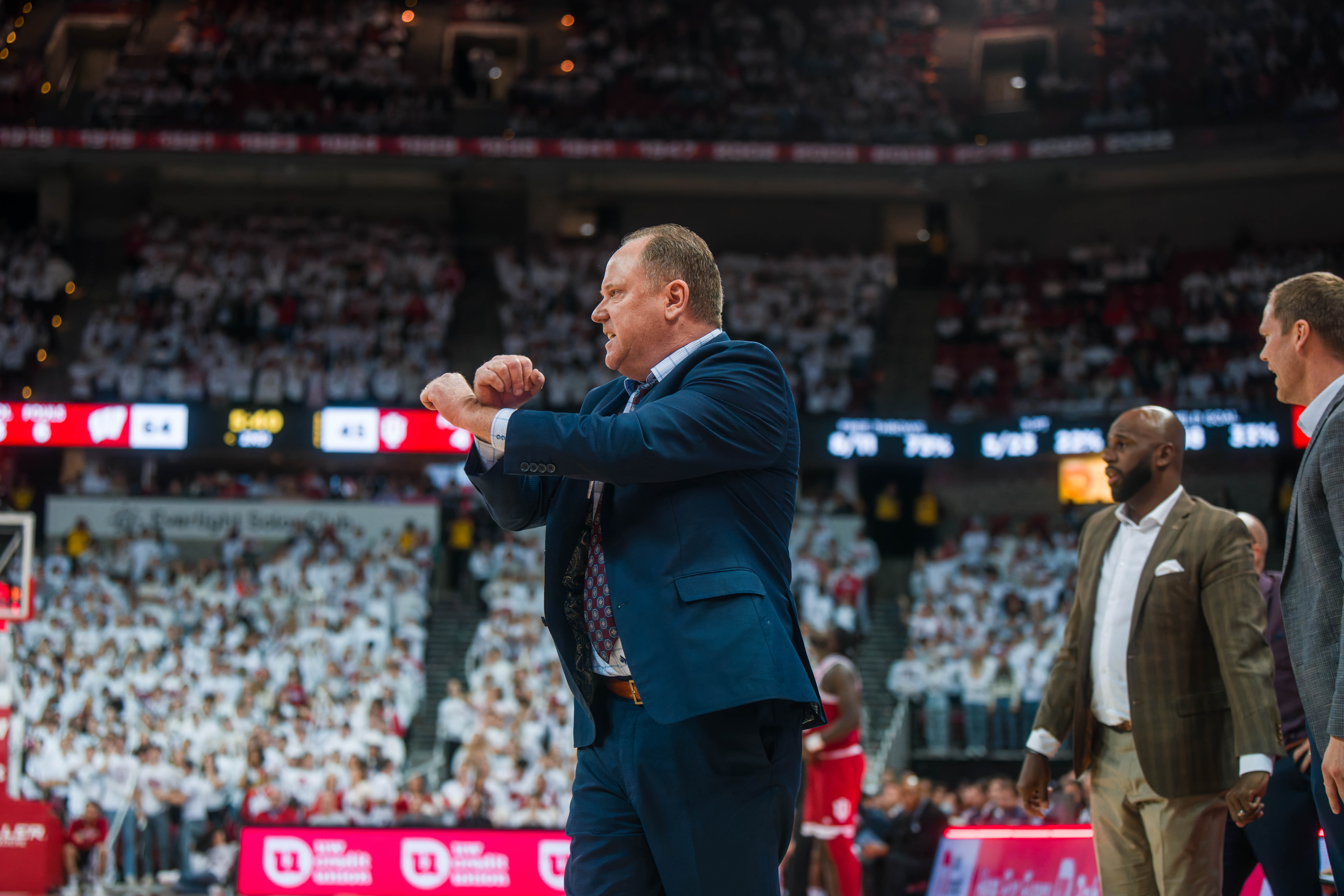 Wisconsin Badgers Head Coach Greg Gard calls for an intentional foul against the Indiana Hoosiers at the Kohl Center on February 04, 2025 in Madison, Wisconsin. Photography by Ross Harried for Second Crop Sports.