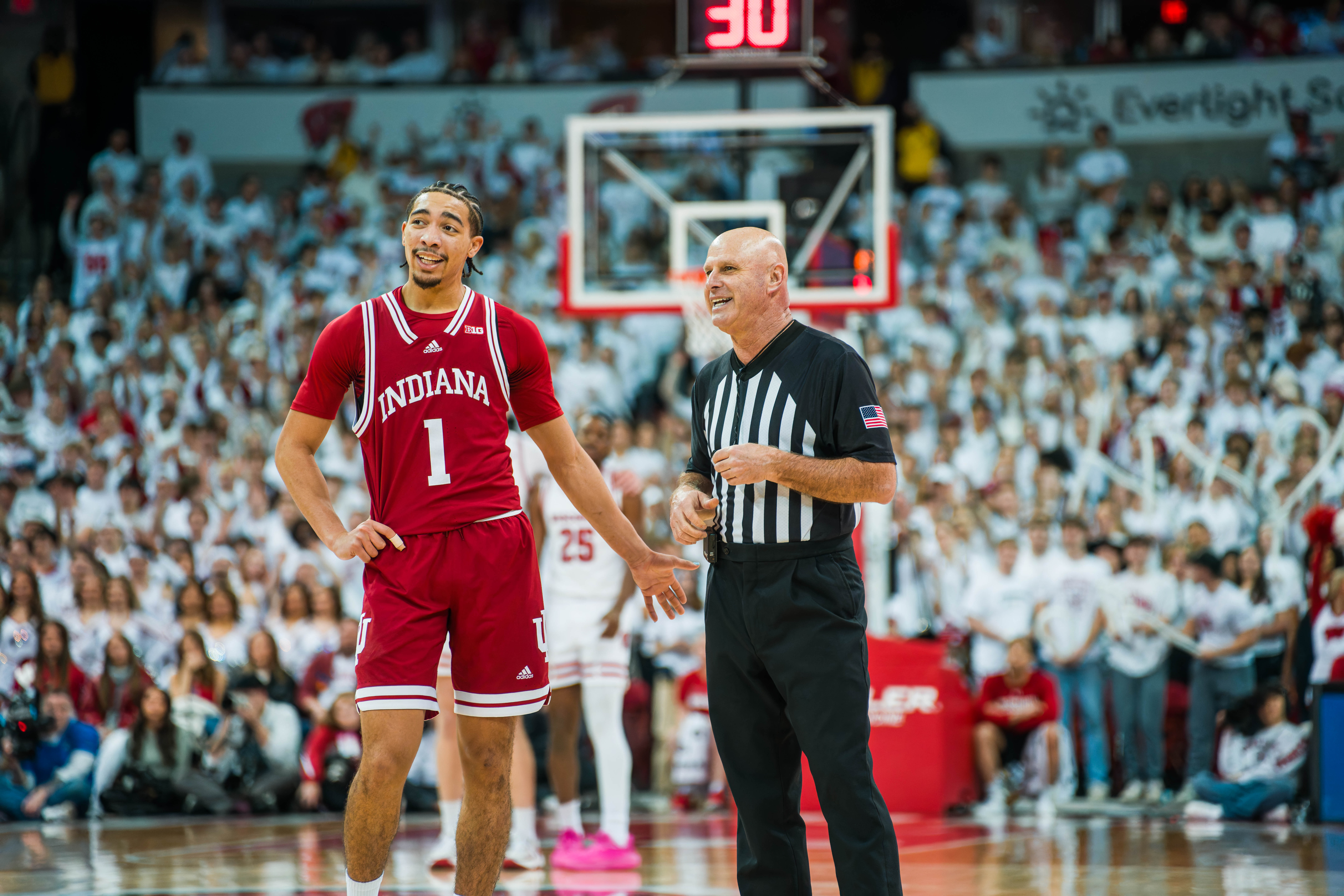 Indiana Hoosiers Guard Myles Rice #1 talks to the ref during a free throw against the Wisconsin Badgers at the Kohl Center on February 04, 2025 in Madison, Wisconsin. Photography by Ross Harried for Second Crop Sports.