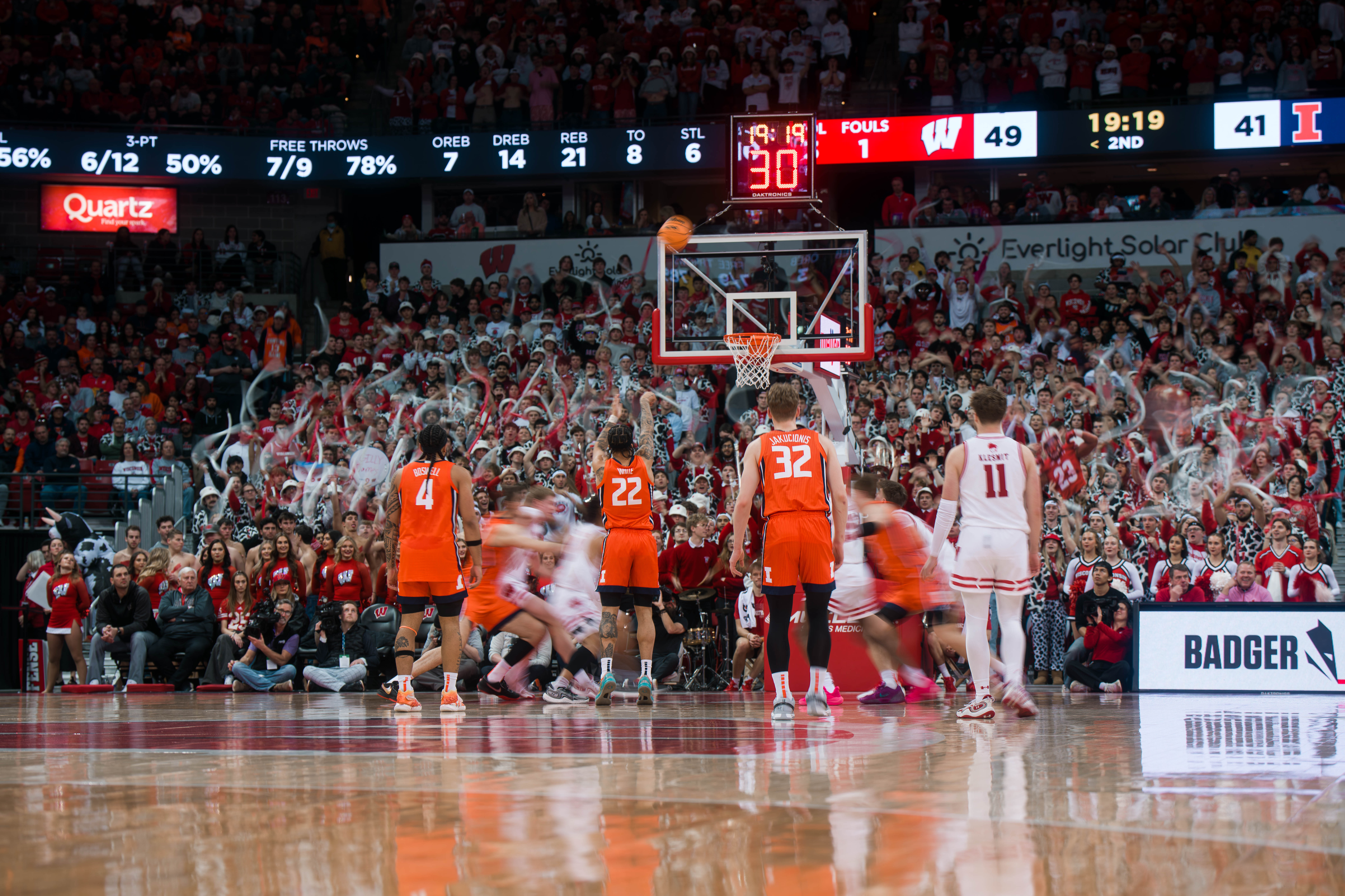 Illinois Fighting Illini guard Tre White #22 attempts a free throw against the Wisconsin Badgers at The Kohl Center on February 18, 2025 in Madison, Wisconsin. Photography by Ross Harried for Second Crop Sports.