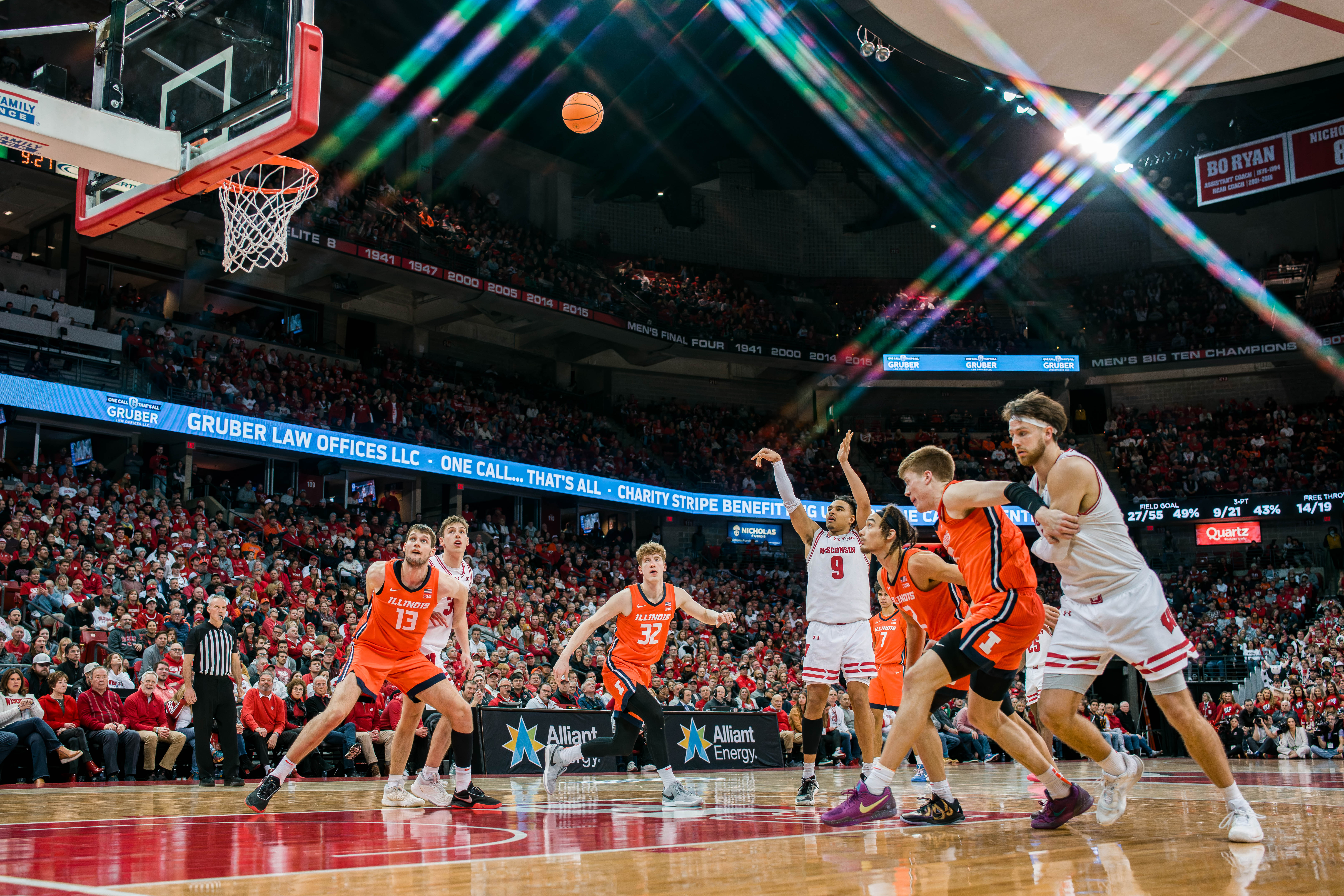 Wisconsin Badgers guard John Tonje #9 attempts a free throw against the Illinois Fighting Illini at The Kohl Center on February 18, 2025 in Madison, Wisconsin. Photography by Ross Harried for Second Crop Sports.