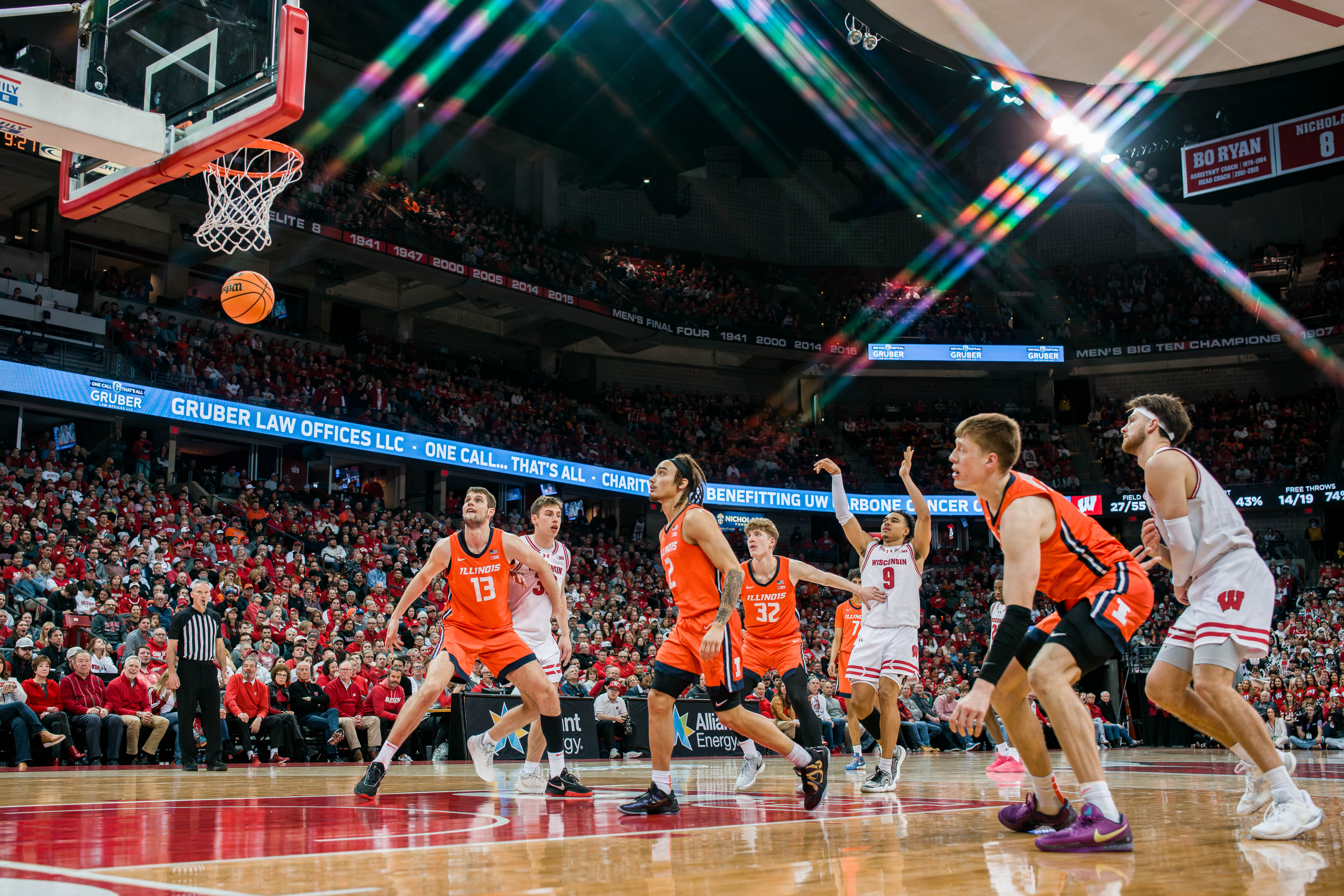 Wisconsin Badgers guard John Tonje #9 attempts a free throw against the Illinois Fighting Illini at The Kohl Center on February 18, 2025 in Madison, Wisconsin. Photography by Ross Harried for Second Crop Sports.