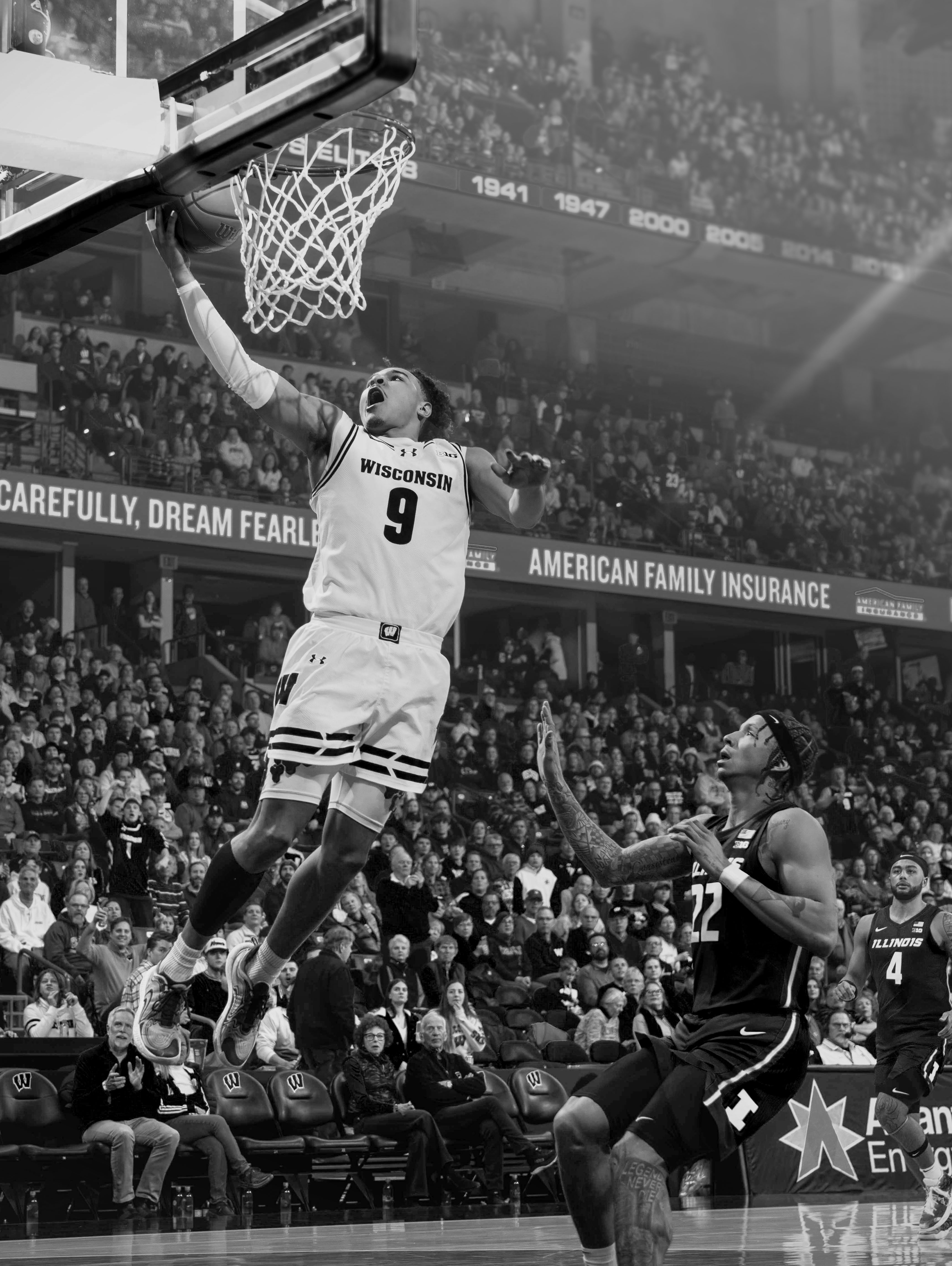 Wisconsin Badgers guard John Tonje #9 gets an easy layup on a fast break against the Illinois Fighting Illini at The Kohl Center on February 18, 2025 in Madison, Wisconsin. Photography by Ross Harried for Second Crop Sports.