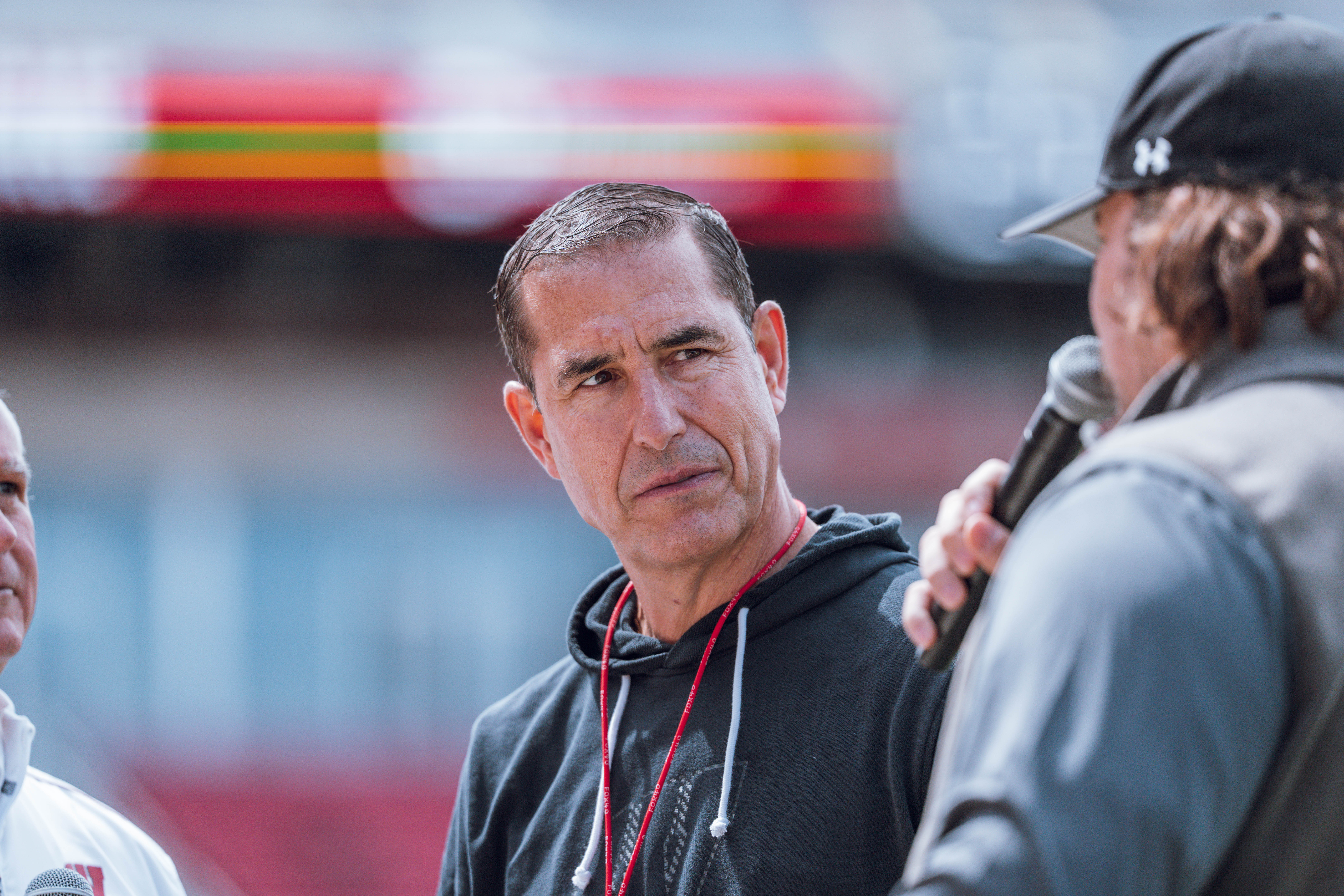 Wisconsin Badgers head coach Luke Fickell is interviewed ahead of the Wisconsin Football Spring Showcase at Camp Randall Stadium on April 19, 2025 in Madison, Wisconsin. Photography by Ross Harried for Second Crop Sports.